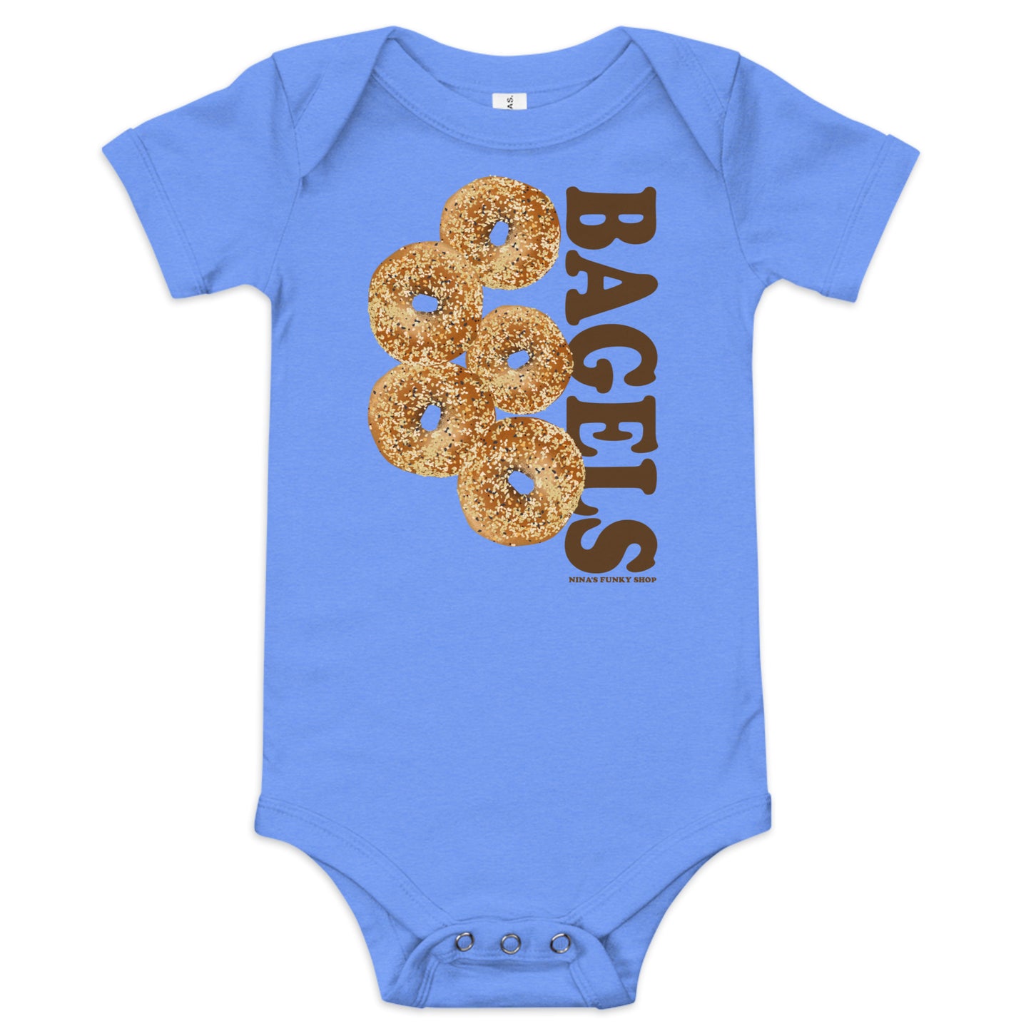 Blue Everything Bagel Baby Onesie - Love bagels? Looking for a gift for your favorite future bagel enthusiast? Our 100% cotton bagel baby onesie is just what you need. It has three snap leg closure for easy changing, a comfortable envelope neckline, and a unique bagel design, expertly printed on the front. Designed by Nina and made just for you!