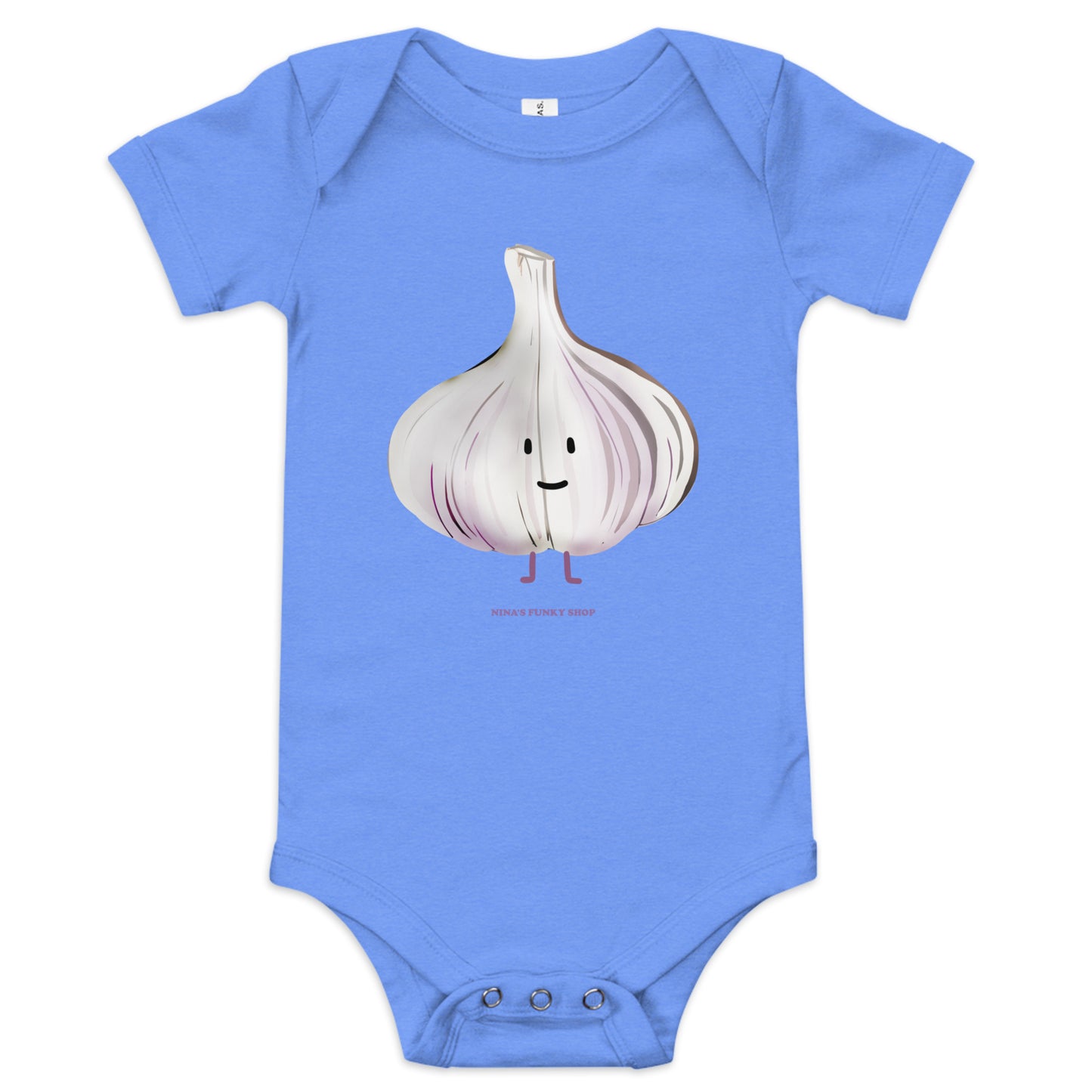 Blue Garlic Funny Baby Onesie - Love garlic? Dress your baby in our 100% cotton garlic baby onesie. It has three snap leg closure for easy changing, a comfortable envelope neckline, and a unique bagel design, expertly printed on the front. Designed by Nina and made just for you!