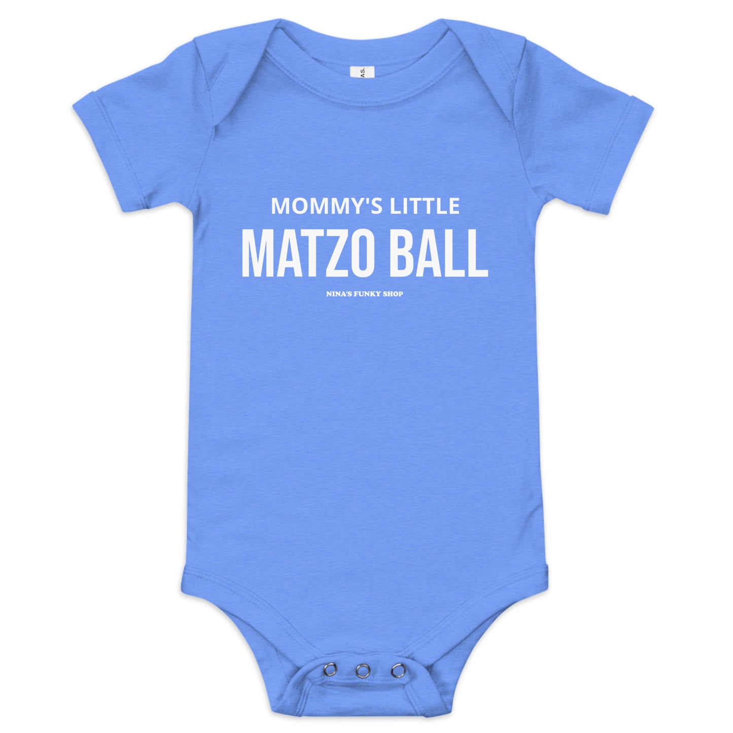 Blue Funny Jewish Baby Onesie - Dress your baby in our 100% cotton Mommy's Little Matzo Ball Onesie. It's a funny baby onesie with a cute Jewish food saying, expertly printed on the front. This onesie has three snap leg closure for easy changing and a comfortable envelope neckline. The perfect gift for a new Jewish mom. Designed by Nina and made just for you!