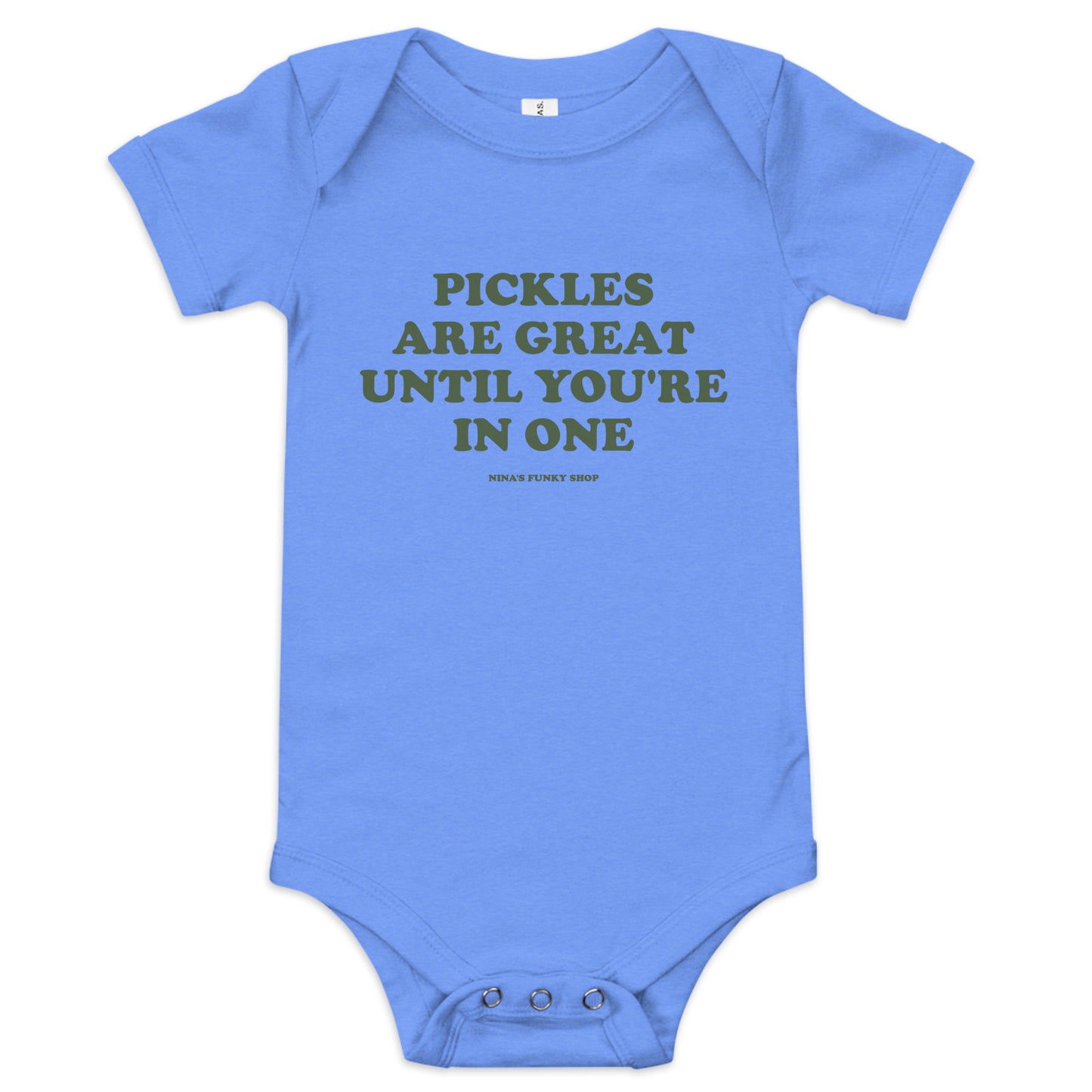 Blue Pickles Baby Onsie - Dress your baby in our 100% cotton funny Pickles Onesie. It has three snap leg closure for easy changing, a comfortable envelope neckline, and a funny pickle saying, expertly printed on the front. This cute baby onesie is designed by Nina and made just for you!