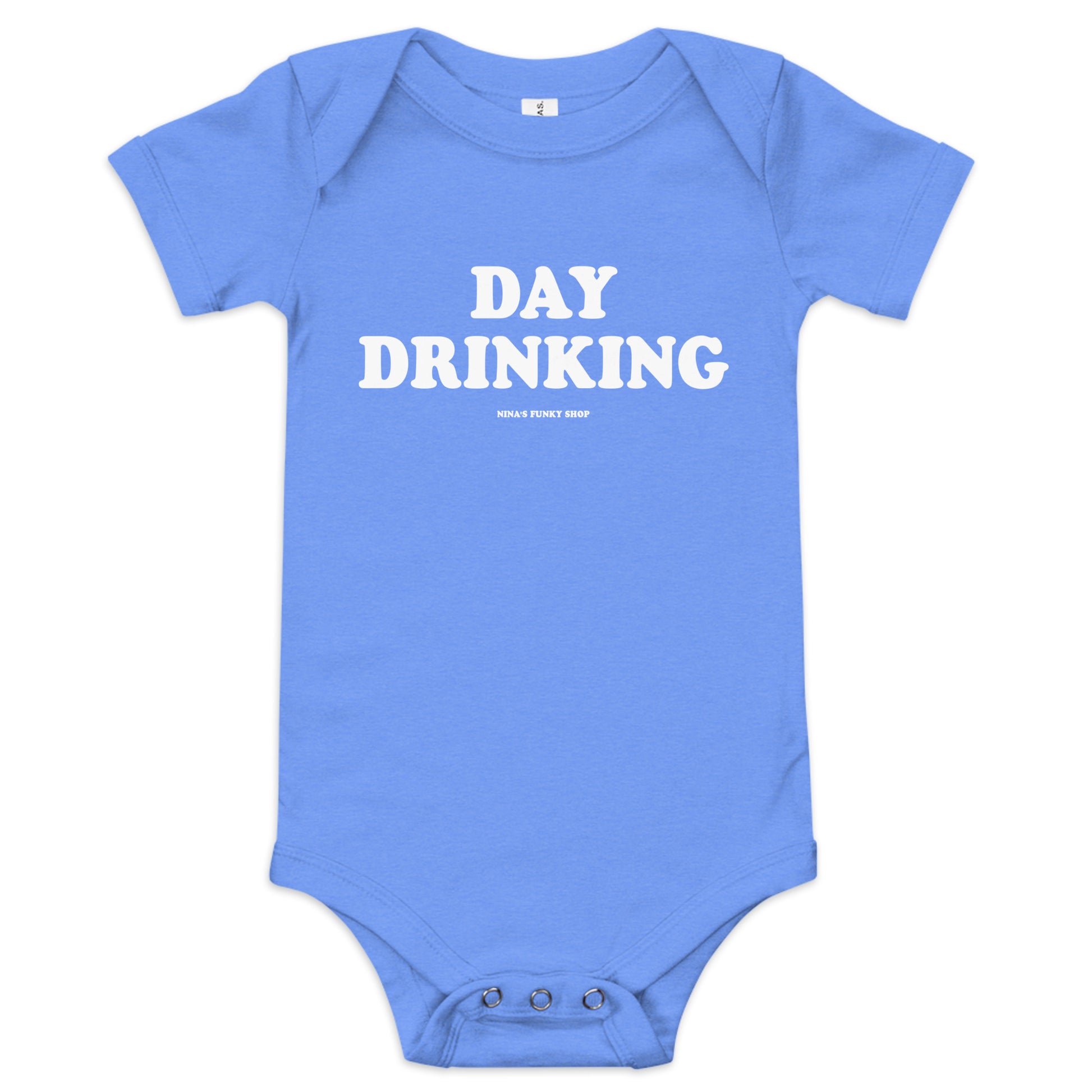 Blue Day Drinking Baby Onesie - Ready to dress your little day drinker in this 100% cotton baby onesie? It has three snap leg closure for easy changing, a comfortable envelope neckline, and a funny design, expertly printed on the front. This funny baby onesie is designed by Nina and made just for you!