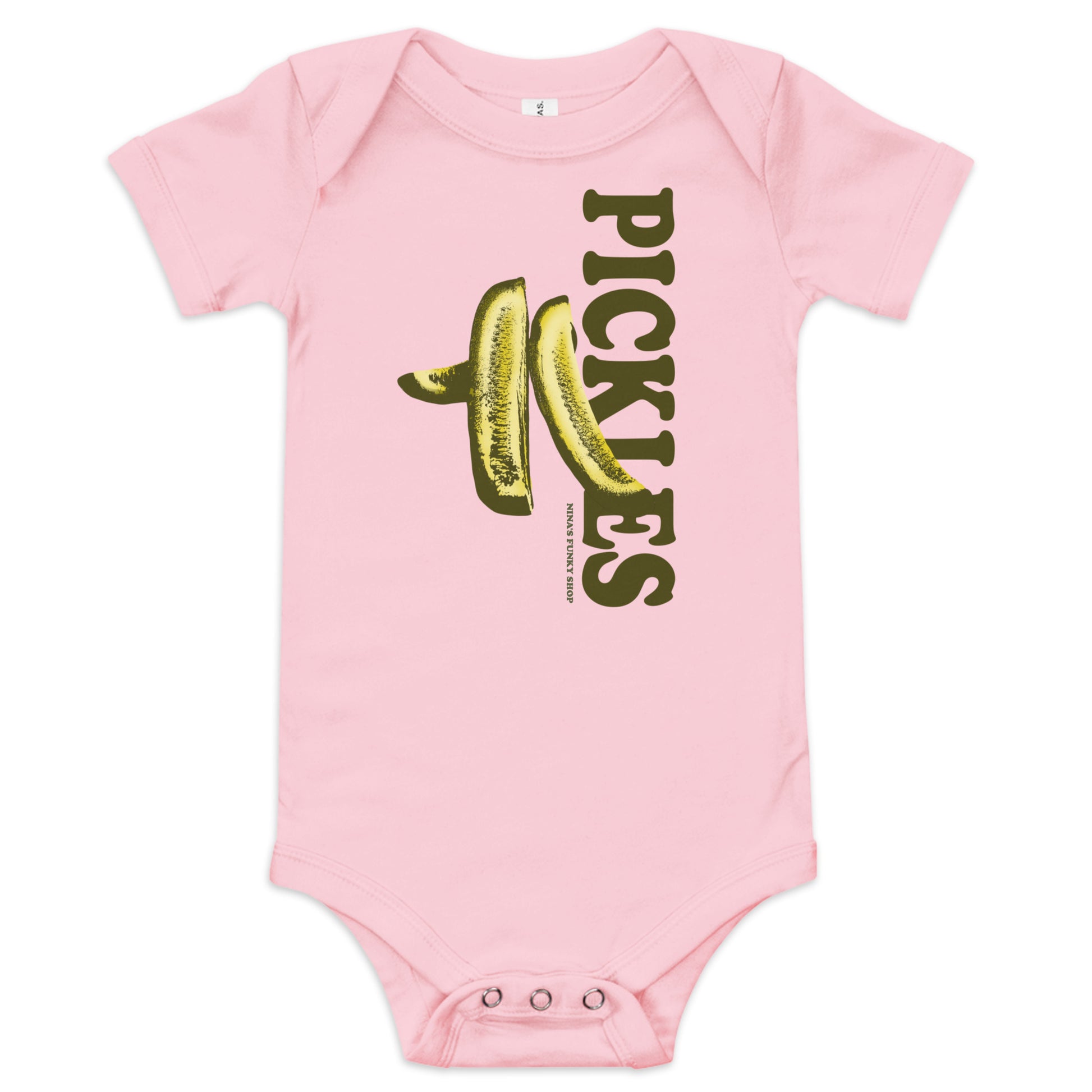 Pink Pickles Baby Onesie - A cute pickles onesie for your favorite future pickle lover. Dress your baby in our 100% cotton pickles one piece. It has three snap leg closure for easy changing, a comfortable envelope neckline, and a unique pickles design, expertly printed on the front. Designed by Nina and made just for you!