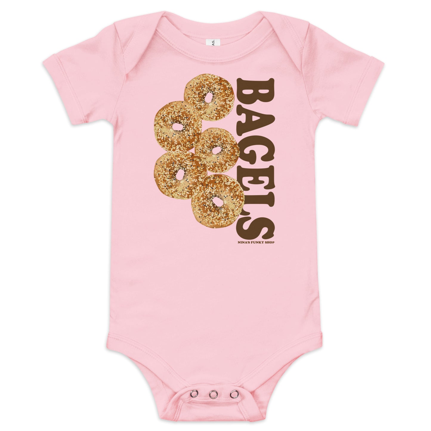 Pink Everything Bagel Baby Onesie - Love bagels? Looking for a gift for your favorite future bagel enthusiast? Our 100% cotton bagel baby onesie is just what you need. It has three snap leg closure for easy changing, a comfortable envelope neckline, and a unique bagel design, expertly printed on the front. Designed by Nina and made just for you!