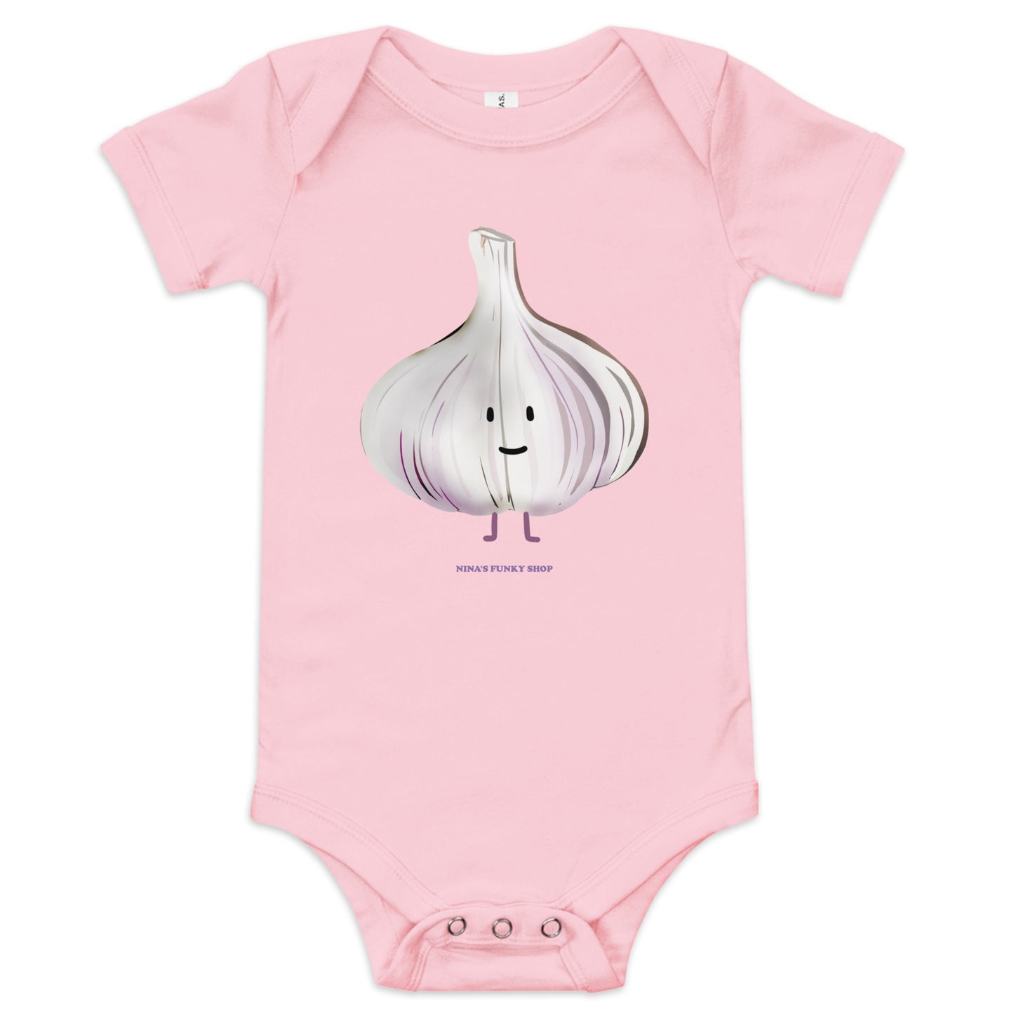 Pink Garlic Funny Baby Onesie - Love garlic? Dress your baby in our 100% cotton garlic baby onesie. It has three snap leg closure for easy changing, a comfortable envelope neckline, and a unique bagel design, expertly printed on the front. Designed by Nina and made just for you!