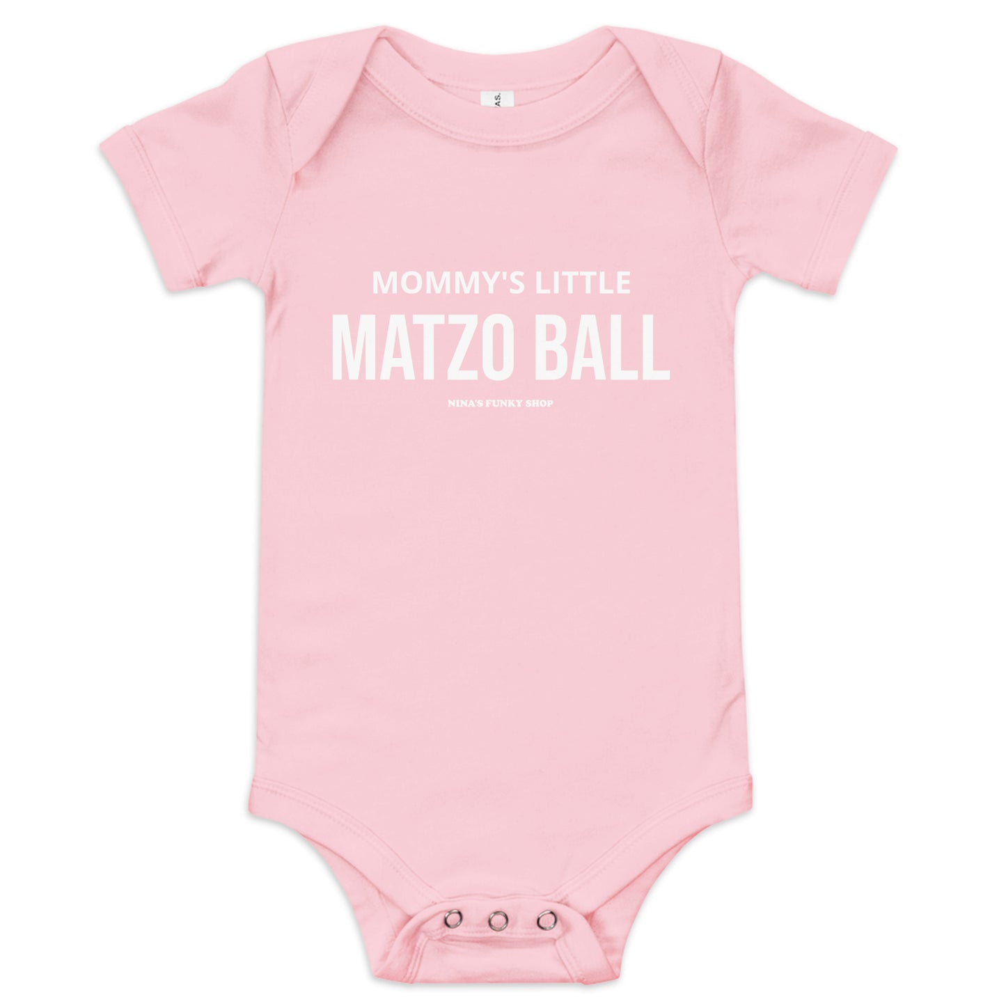 PInk Funny Jewish Baby Onesie - Dress your baby in our 100% cotton Mommy's Little Matzo Ball Onesie. It's a funny baby onesie with a cute Jewish food saying, expertly printed on the front. This onesie has three snap leg closure for easy changing and a comfortable envelope neckline. The perfect gift for a new Jewish mom. Designed by Nina and made just for you!