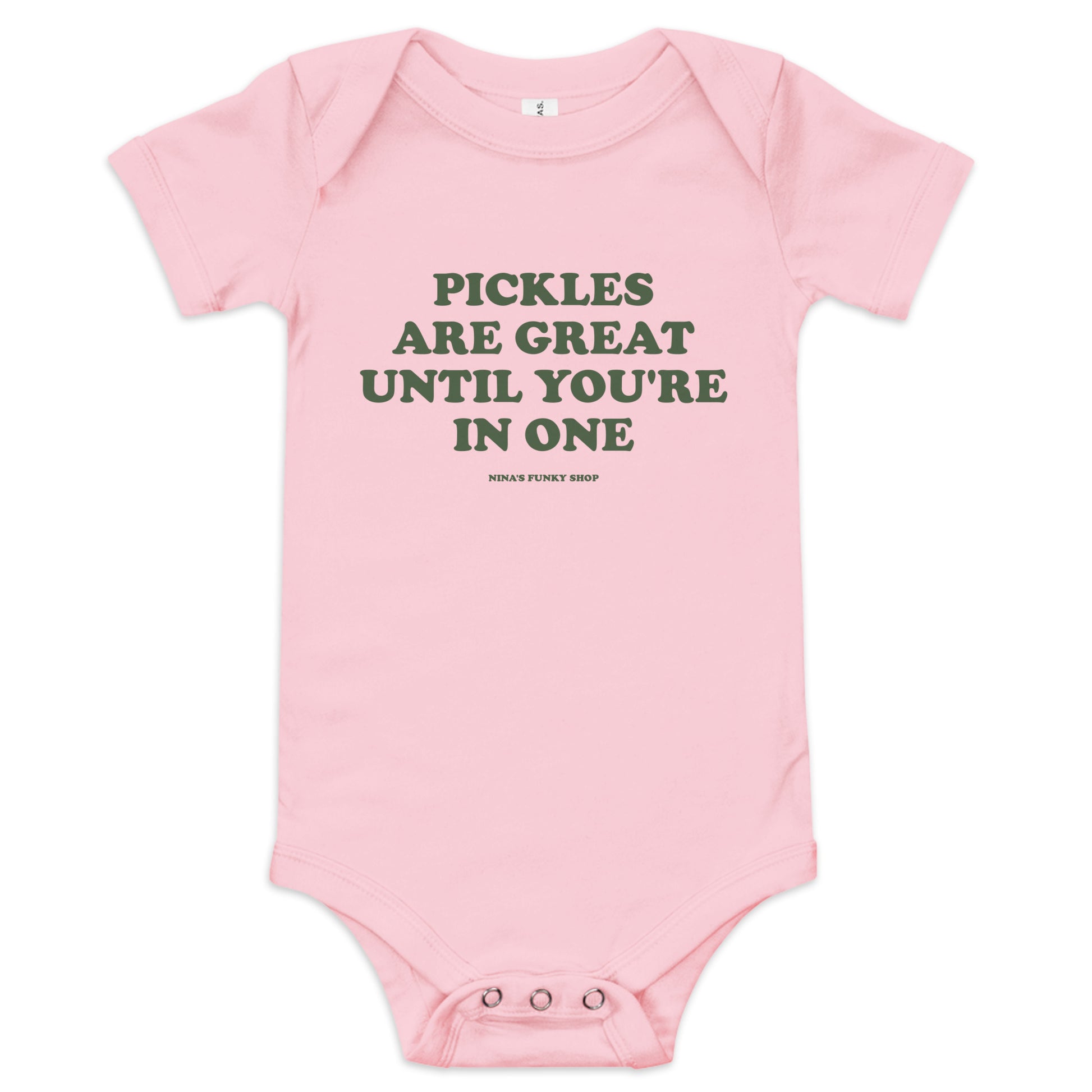 Pink Pickles Baby Onsie - Dress your baby in our 100% cotton funny Pickles Onesie. It has three snap leg closure for easy changing, a comfortable envelope neckline, and a funny pickle saying, expertly printed on the front. This cute baby onesie is designed by Nina and made just for you!