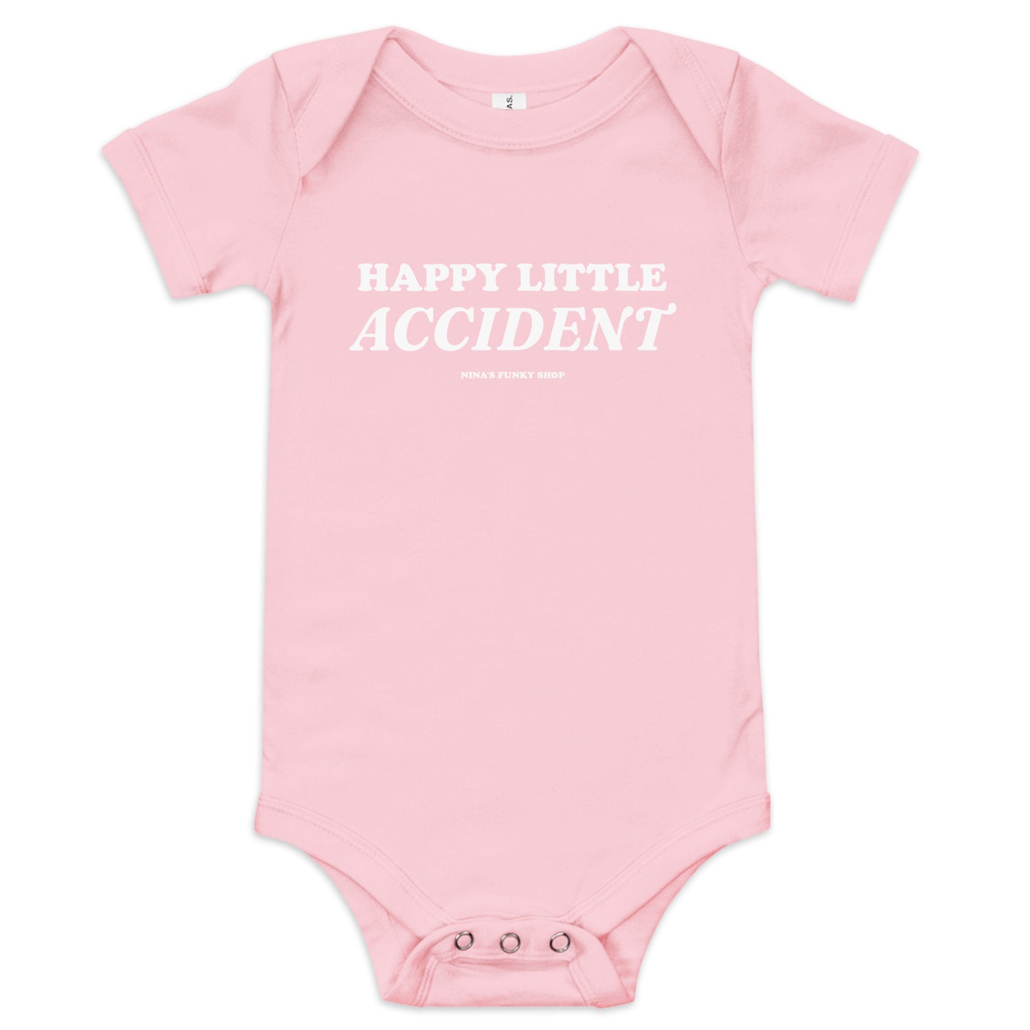 Pink - Introducing our Happy Little Accident Baby Onesie! This 100% cotton baby onesie has three snap leg closure for easy changing, a comfortable envelope neckline, and a cute and sarcastic design, expertly printed on the front. This funny baby onesie is designed by Nina and made just for you!