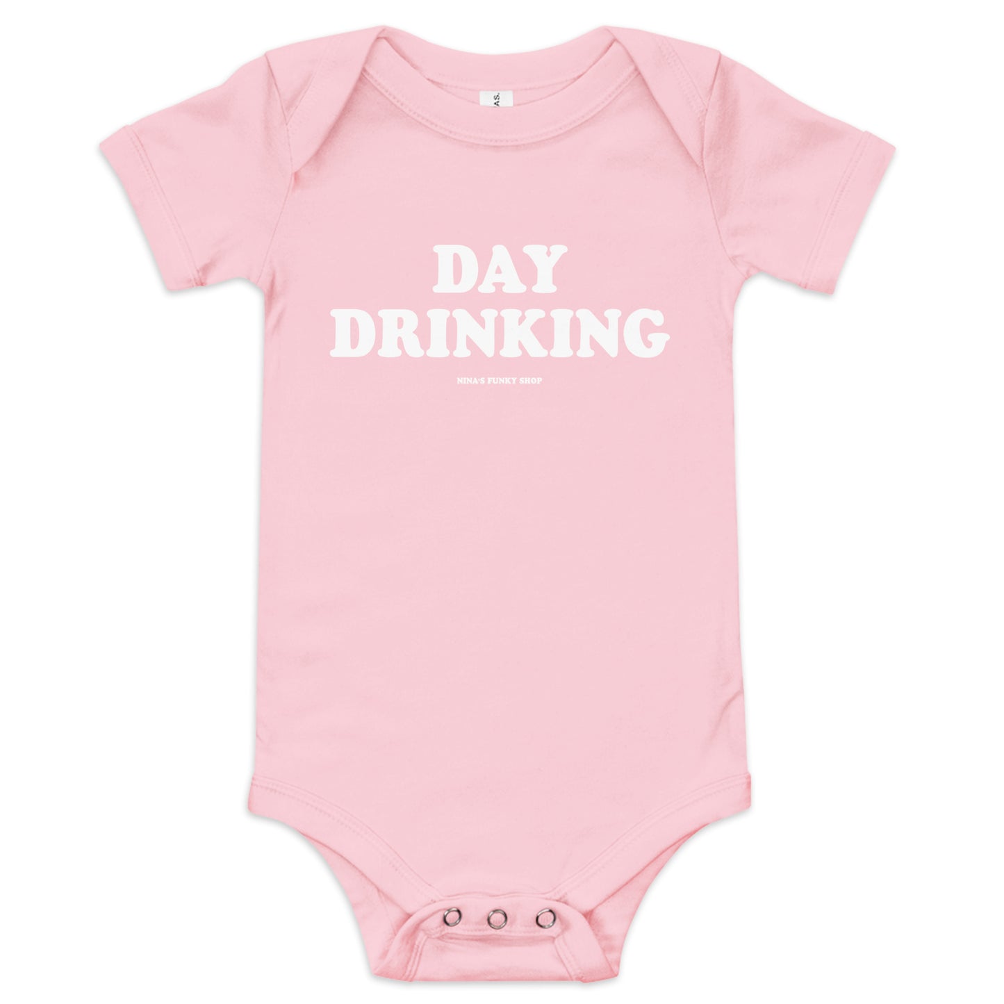 Pink Day Drinking Baby Onesie - Ready to dress your little day drinker in this 100% cotton baby onesie? It has three snap leg closure for easy changing, a comfortable envelope neckline, and a funny design, expertly printed on the front. This funny baby onesie is designed by Nina and made just for you!