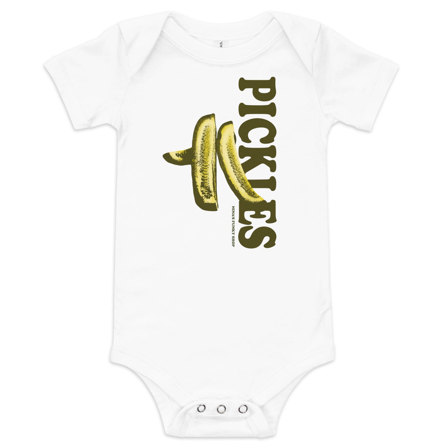 White Pickles Baby Onesie - A cute pickles onesie for your favorite future pickle lover. Dress your baby in our 100% cotton pickles one piece. It has three snap leg closure for easy changing, a comfortable envelope neckline, and a unique pickles design, expertly printed on the front. Designed by Nina and made just for you!