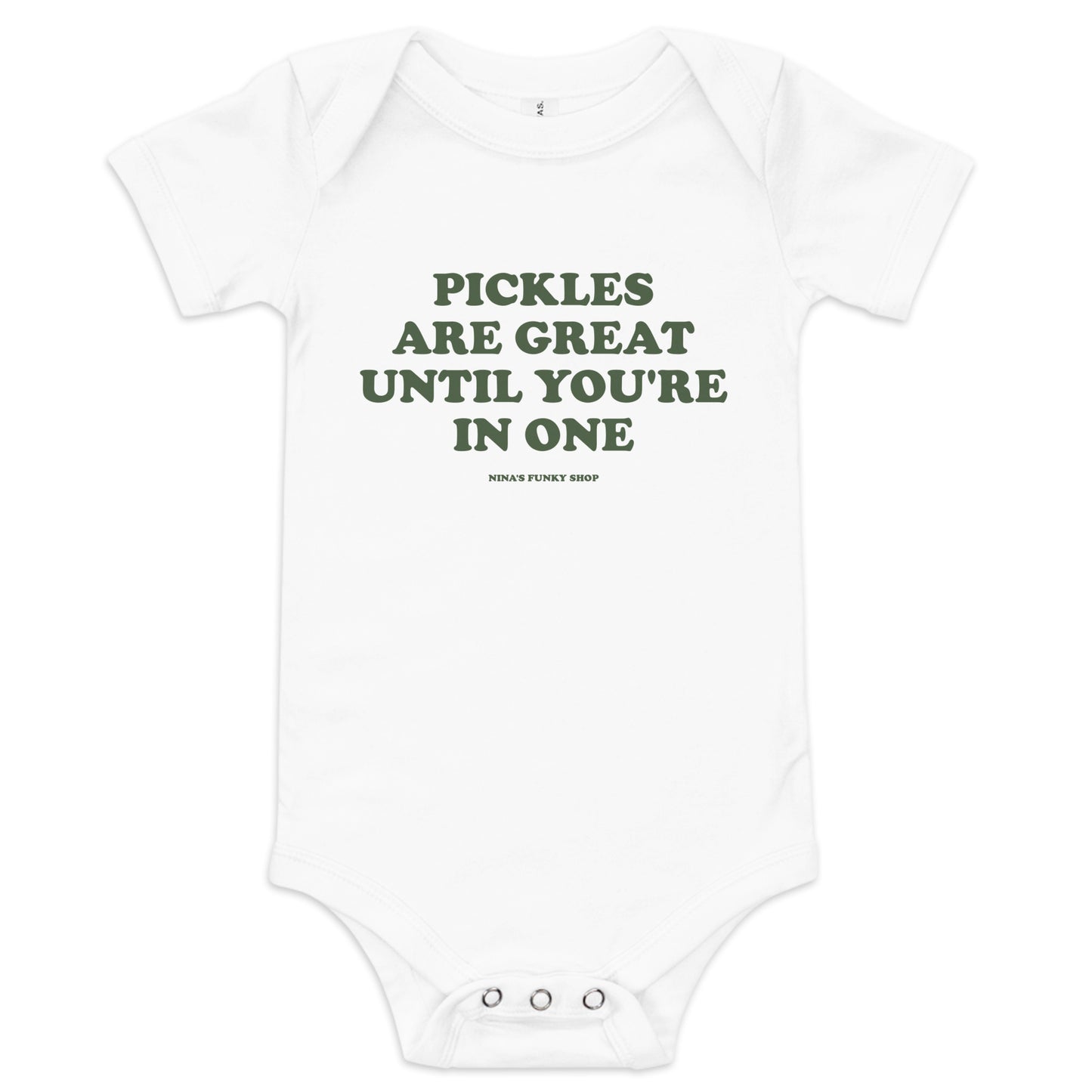 White Pickles Baby Onsie - Dress your baby in our 100% cotton funny Pickles Onesie. It has three snap leg closure for easy changing, a comfortable envelope neckline, and a funny pickle saying, expertly printed on the front. This cute baby onesie is designed by Nina and made just for you!