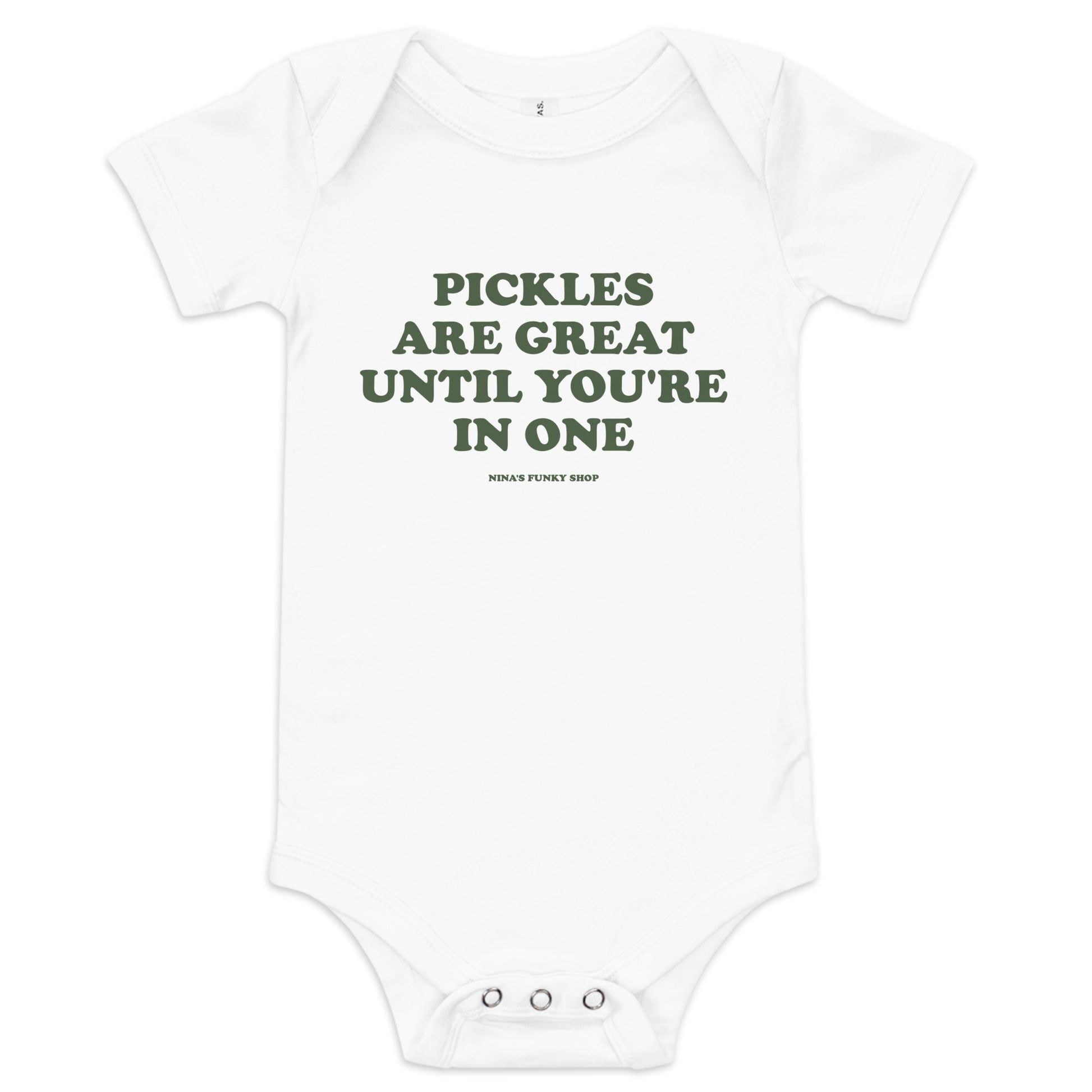 White Pickles Baby Onsie - Dress your baby in our 100% cotton funny Pickles Onesie. It has three snap leg closure for easy changing, a comfortable envelope neckline, and a funny pickle saying, expertly printed on the front. This cute baby onesie is designed by Nina and made just for you!