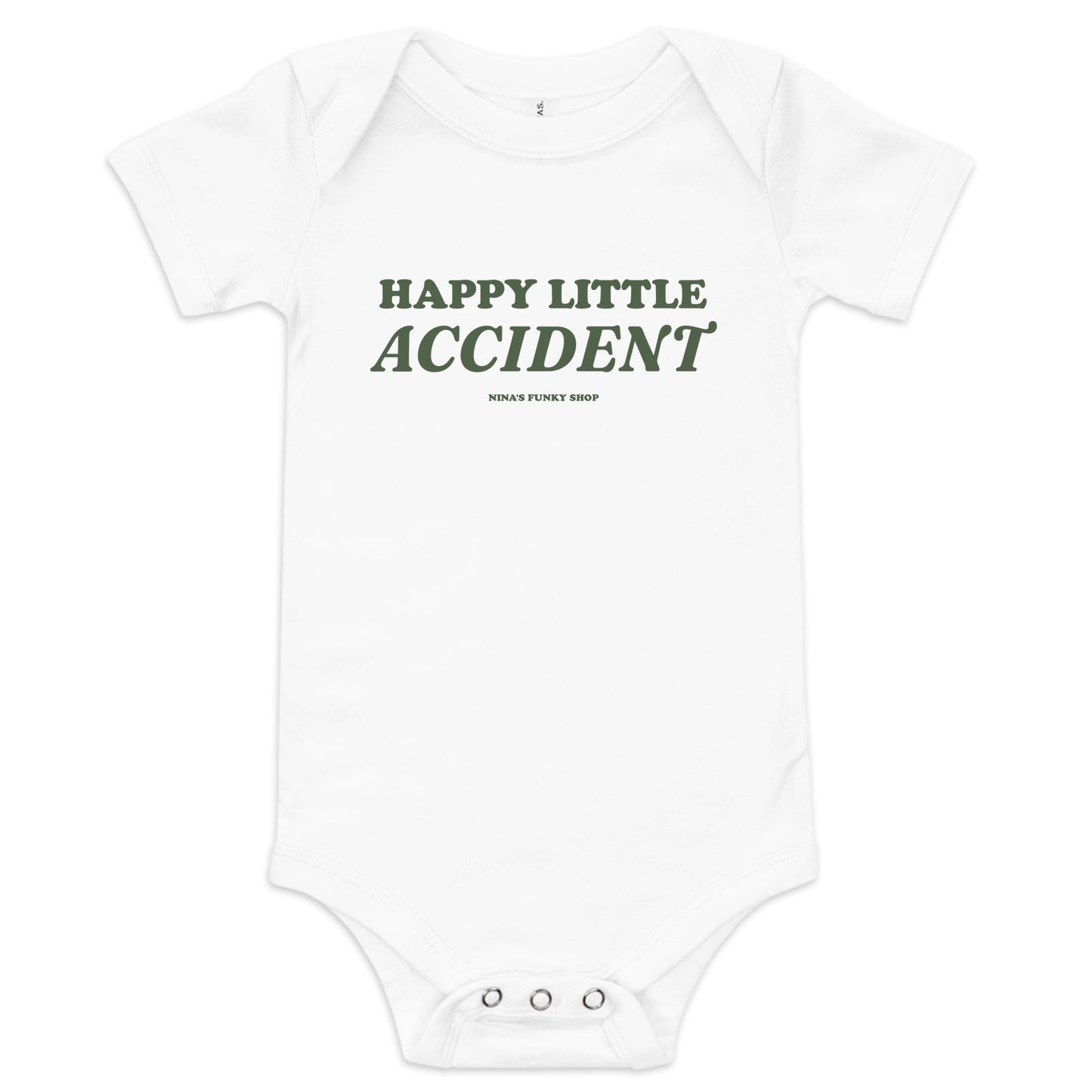 White - Introducing our Happy Little Accident Baby Onesie! This 100% cotton baby onesie has three snap leg closure for easy changing, a comfortable envelope neckline, and a cute and sarcastic design, expertly printed on the front. This funny baby onesie is designed by Nina and made just for you!