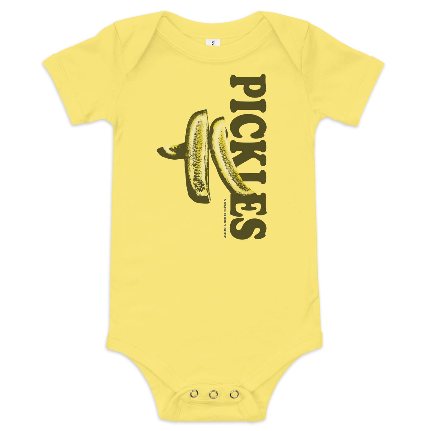 Yellow Pickles Baby Onesie - A cute pickles onesie for your favorite future pickle lover. Dress your baby in our 100% cotton pickles one piece. It has three snap leg closure for easy changing, a comfortable envelope neckline, and a unique pickles design, expertly printed on the front. Designed by Nina and made just for you!