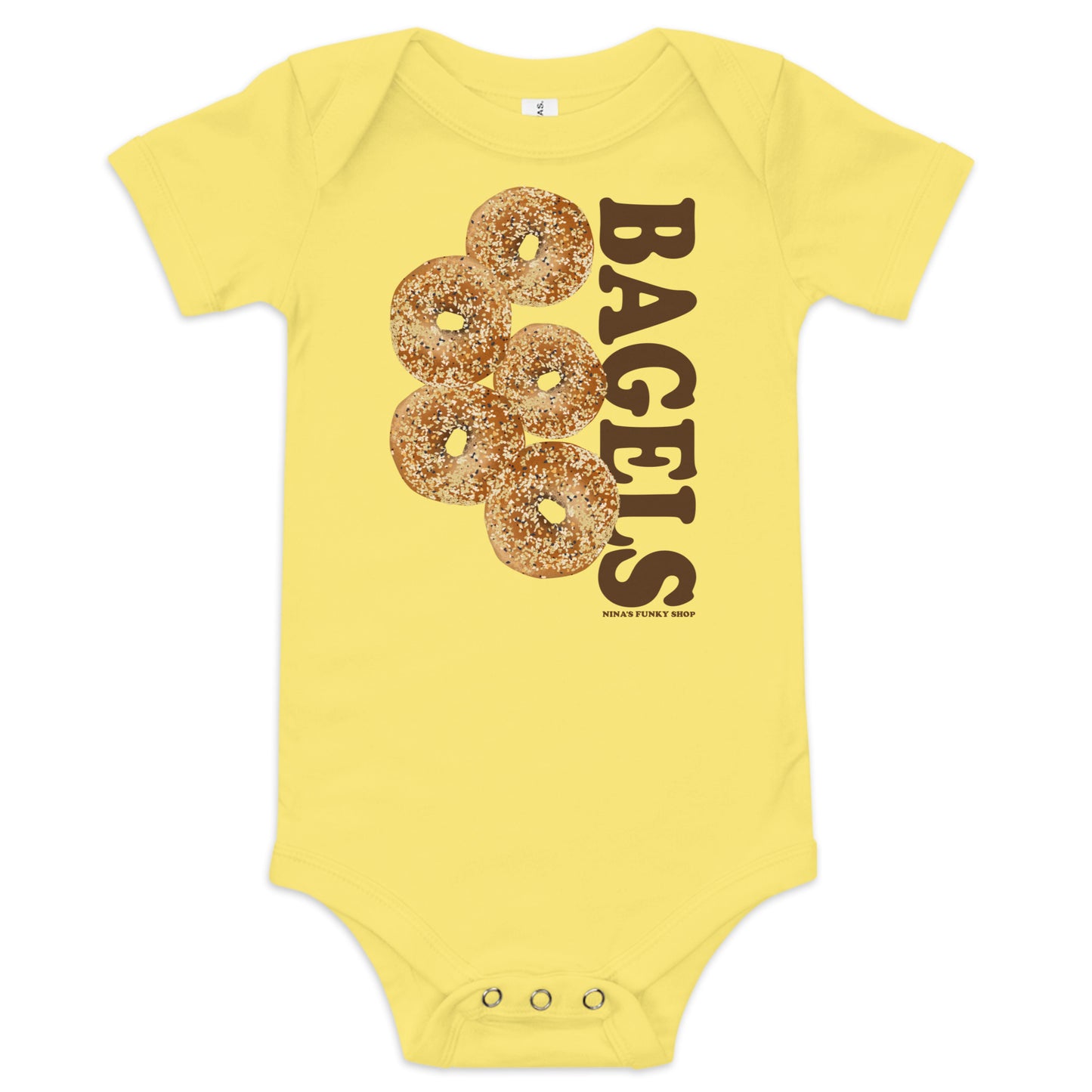 Yellow Everything Bagel Baby Onesie - Love bagels? Looking for a gift for your favorite future bagel enthusiast? Our 100% cotton bagel baby onesie is just what you need. It has three snap leg closure for easy changing, a comfortable envelope neckline, and a unique bagel design, expertly printed on the front. Designed by Nina and made just for you!