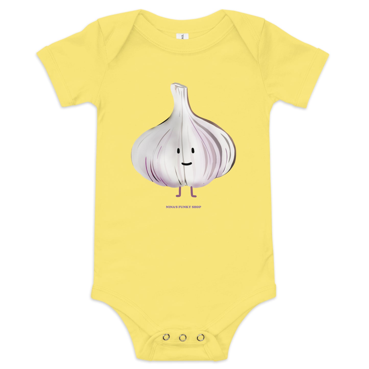 Yellow Garlic Funny Baby Onesie - Love garlic? Dress your baby in our 100% cotton garlic baby onesie. It has three snap leg closure for easy changing, a comfortable envelope neckline, and a unique bagel design, expertly printed on the front. Designed by Nina and made just for you!