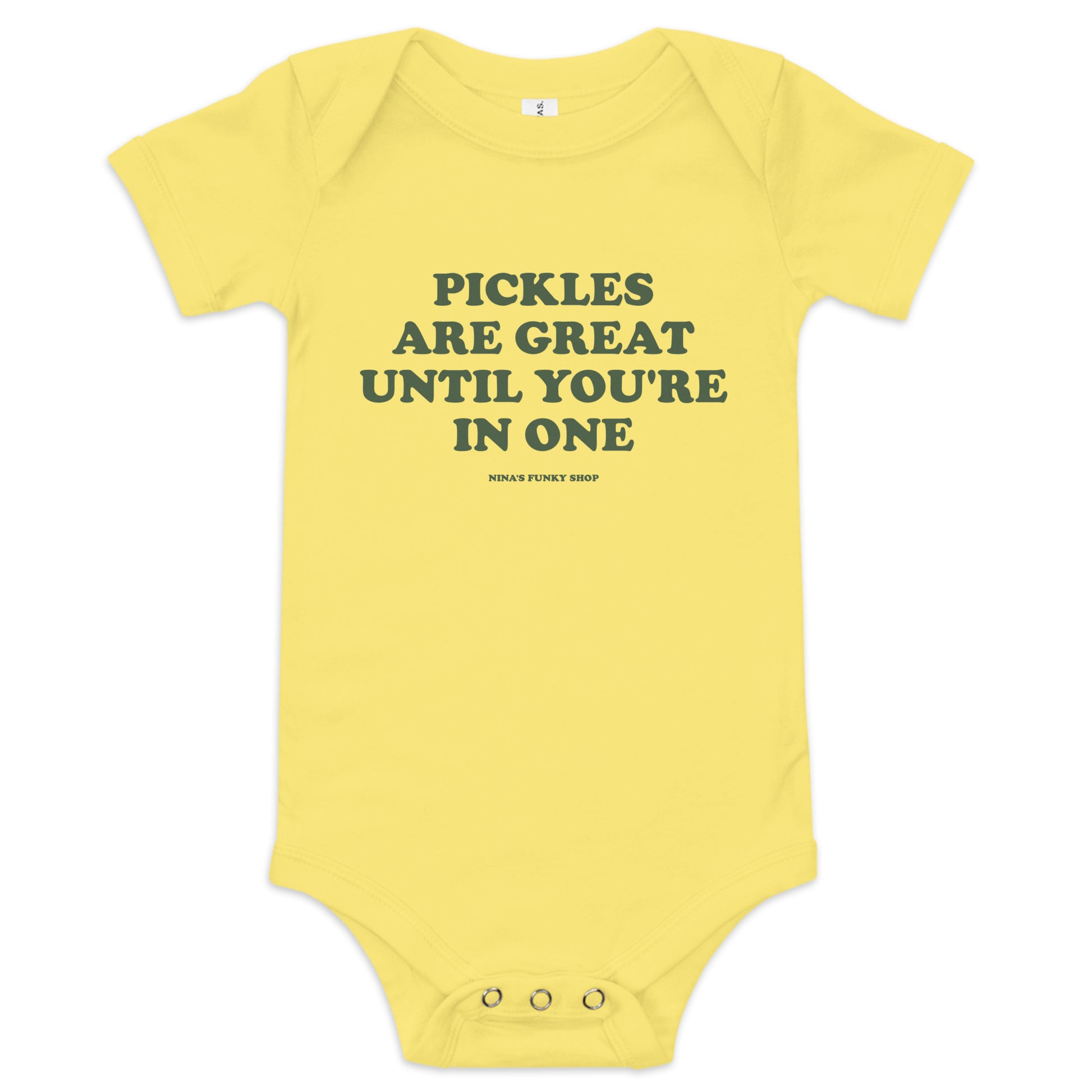 Yellow Pickles Baby Onsie - Dress your baby in our 100% cotton funny Pickles Onesie. It has three snap leg closure for easy changing, a comfortable envelope neckline, and a funny pickle saying, expertly printed on the front. This cute baby onesie is designed by Nina and made just for you!