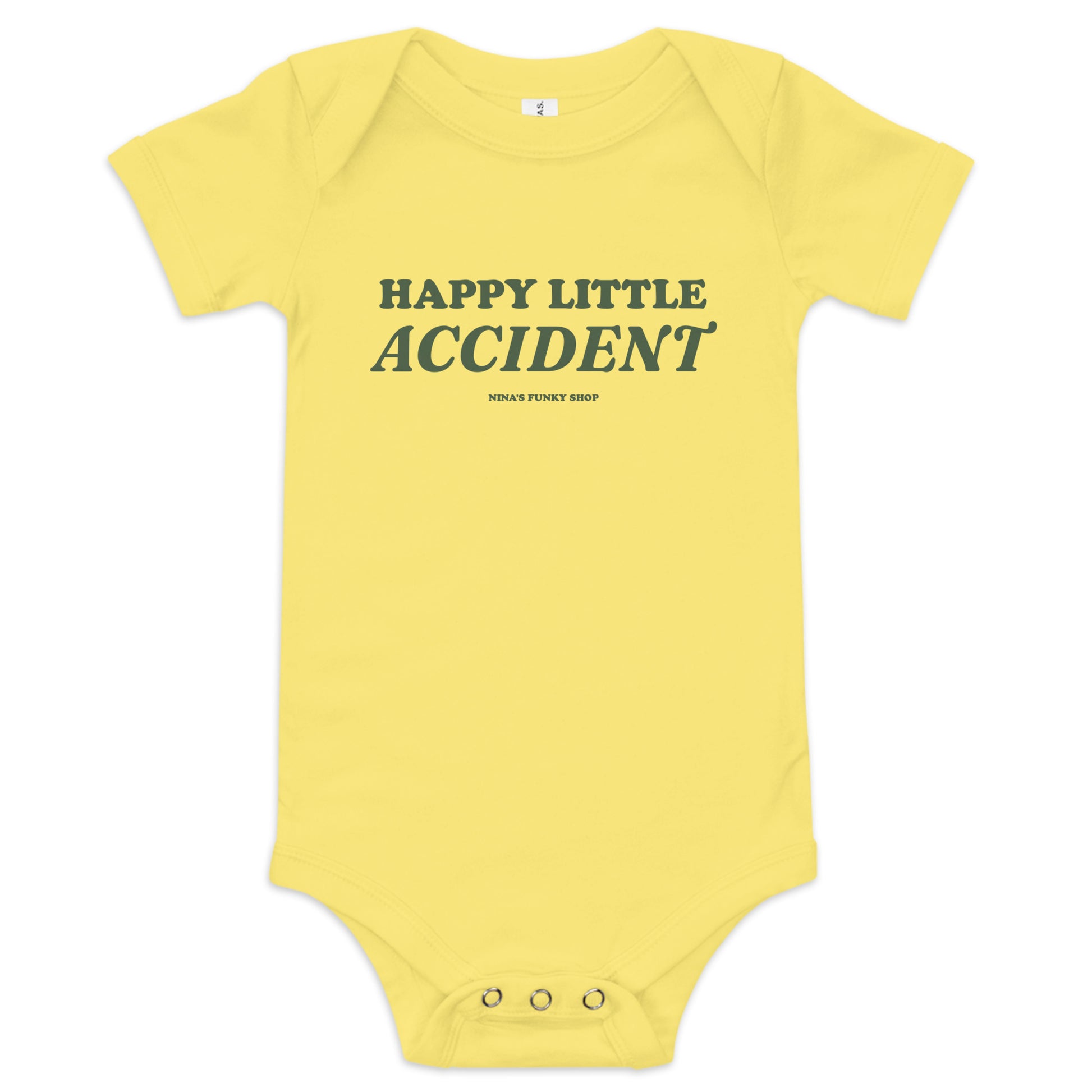 Yellow - Introducing our Happy Little Accident Baby Onesie! This 100% cotton baby onesie has three snap leg closure for easy changing, a comfortable envelope neckline, and a cute and sarcastic design, expertly printed on the front. This funny baby onesie is designed by Nina and made just for you!