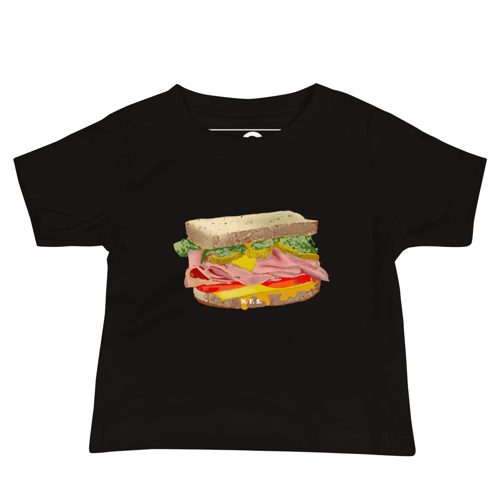 Black Baby T-Shirt with Funny Design - Our Sandwich T-Shirt for Babies is soft, comfortable, and makes a cute baby gift for a sandwich enthusiast. It has a hand drawn sandwich design, expertly printed on the front. Designed by Nina and made just for you!