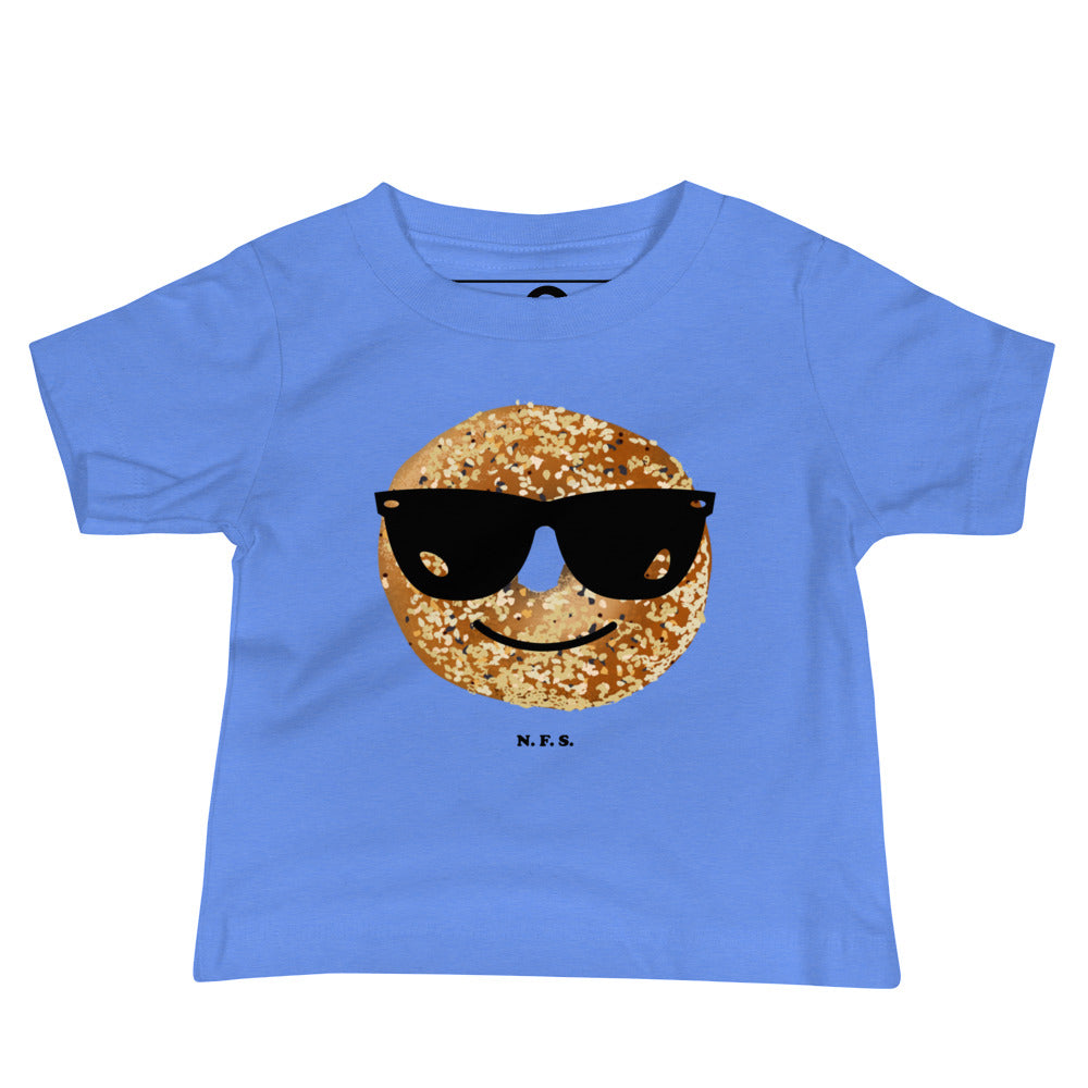 Blue Baby T-Shirt with Bagel Design - Our Cool Bagel T-Shirt is soft, comfortable, and a cute baby gift for a bagel lover. It has a hand drawn everything bagel design, expertly printed on the front. Designed by Nina and made just for you! 