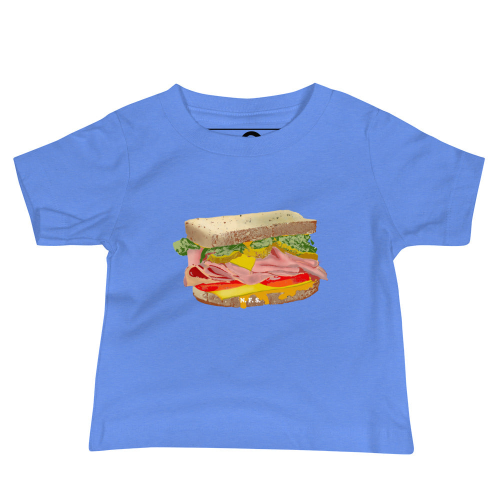 Blue  Baby T-Shirt with Funny Design - Our Sandwich T-Shirt for Babies is soft, comfortable, and makes a cute baby gift for a sandwich enthusiast. It has a hand drawn sandwich design, expertly printed on the front. Designed by Nina and made just for you!