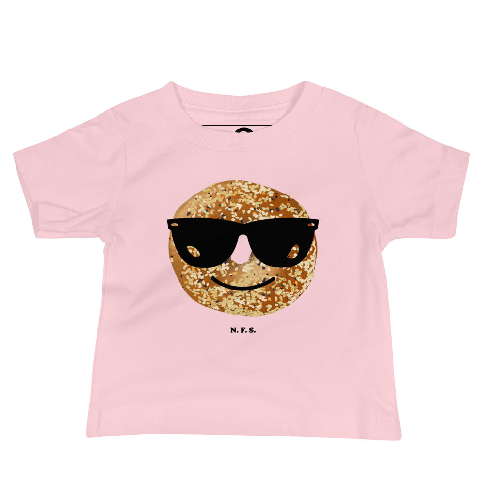 Pink Baby T-Shirt with Bagel Design - Our Cool Bagel T-Shirt is soft, comfortable, and a cute baby gift for a bagel lover. It has a hand drawn everything bagel design, expertly printed on the front. Designed by Nina and made just for you! 