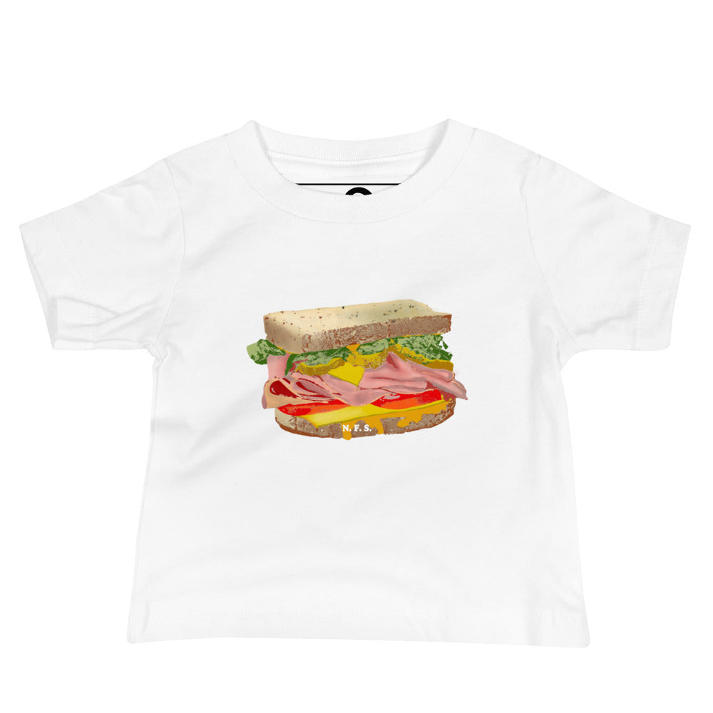 White  Baby T-Shirt with Funny Design - Our Sandwich T-Shirt for Babies is soft, comfortable, and makes a cute baby gift for a sandwich enthusiast. It has a hand drawn sandwich design, expertly printed on the front. Designed by Nina and made just for you!