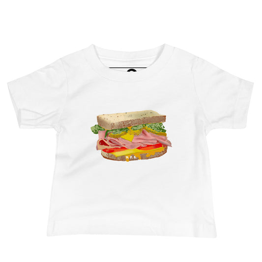 White  Baby T-Shirt with Funny Design - Our Sandwich T-Shirt for Babies is soft, comfortable, and makes a cute baby gift for a sandwich enthusiast. It has a hand drawn sandwich design, expertly printed on the front. Designed by Nina and made just for you!