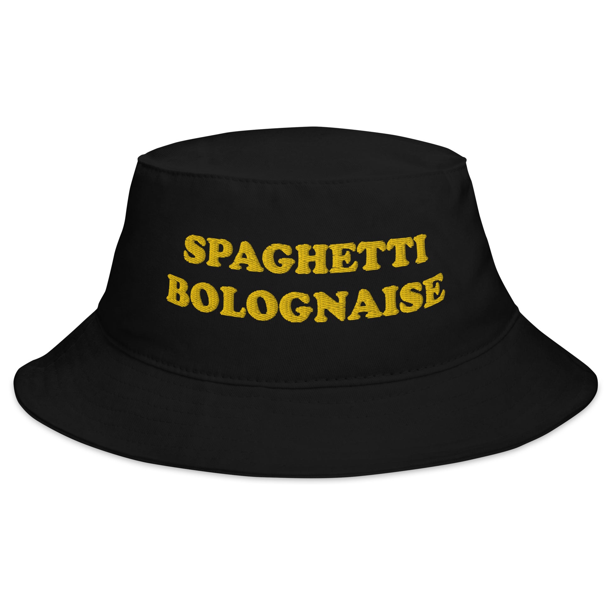 Black spaghetti lover bucket hat - Make a statement and eat spaghetti in style in this cotton trendy, spaghetti Bolognese bucket hat. It's a unique foodie hat that's eco friendly and embroidered just for you. This funny bucket hat is perfect for everyday adventures, sunny beach days and a weird gift for your favorite spaghetti Bolognese lover. 