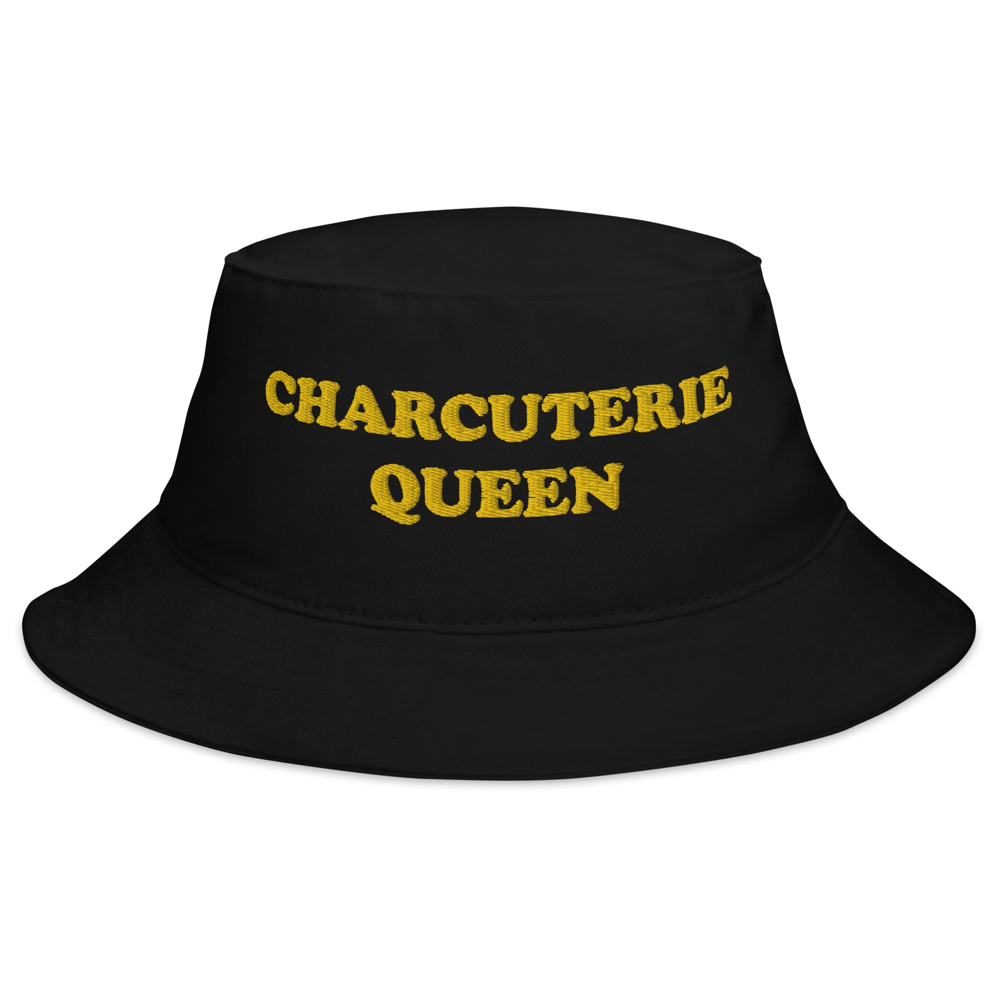 Black Charcuterie Queen Bucket Hat - Love charcuterie? Looking for a funny foodie hat? This Charcuterie Queen Bucket Hat is just what you need! It's comfortable and comes in a variety of colors with "Charcuterie Queen", expertly embroidered across the front. The perfect weird hat for charcuterie enthusiasts and foodies of all kinds. Celebrate your favorite foods in our funky foodie clothing and accessories.