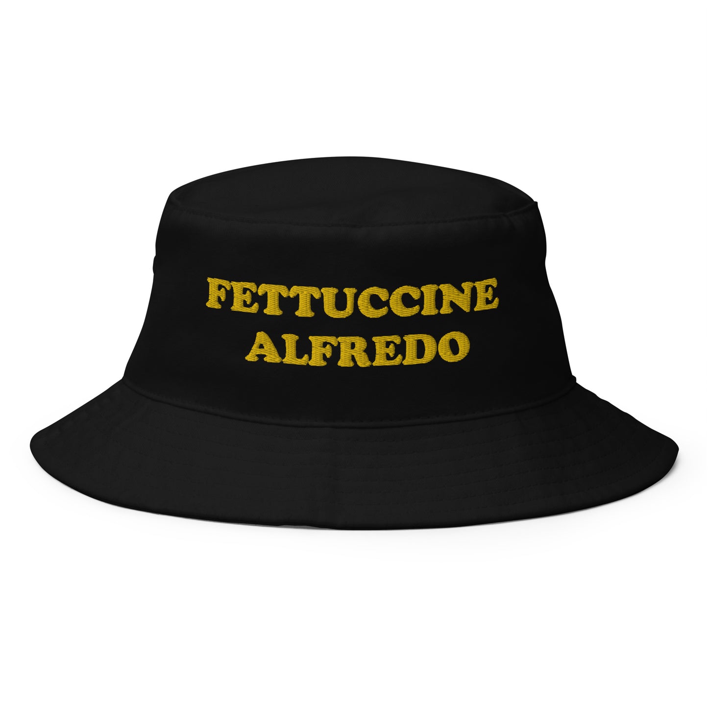 Black Fettuccine Alfredo Bucket Hat - Love fettuccine? Looking for a funny hat for a pasta enthusiast? This Fettuccine Alfredo Bucket Hat is just what you need! It's comfortable and comes in a variety of colors with a funny foodie design, expertly embroidered across the front. The perfect weird hat for foodies of all kinds. Celebrate your favorite foods in our funky foodie clothing and accessories. 