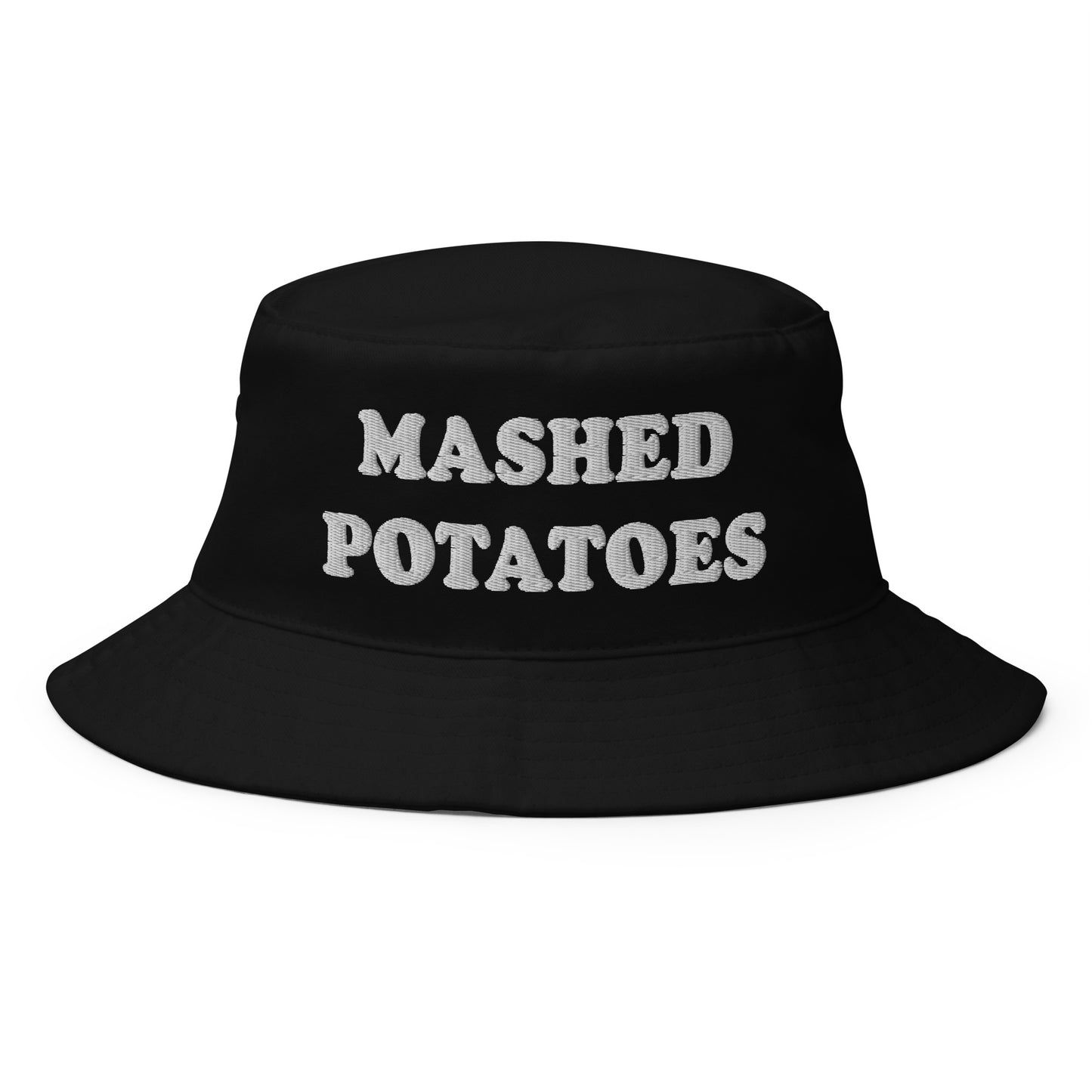 Black Mashed Potatoes Bucket Hat - Love mashed potatoes? Looking for a funny foodie hat? This Mashed Potatoes Bucket Hat is just what you need! It's comfortable and comes in a variety of colors with "mashed potatoes", expertly embroidered across the front. The perfect funny bucket hat hat for mashed potato enthusiasts and foodies of all kinds.