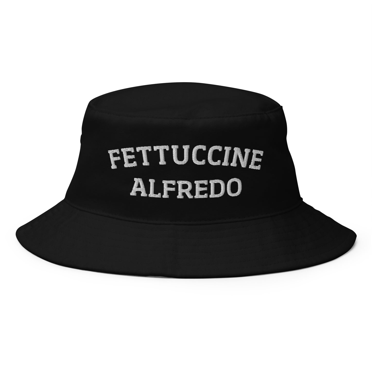 Black Fettuccine Alfredo Hat - Are you a Fettuccine Alfredo enthusiast? Looking for a funny foodie hat? This Fettuccine Alfredo Bucket Hat is just what you need! It's comfortable and comes in a variety of colors with a pasta lover design, expertly embroidered across the front. The perfect bucket hat for fettuccine lovers and foodies of all kinds.