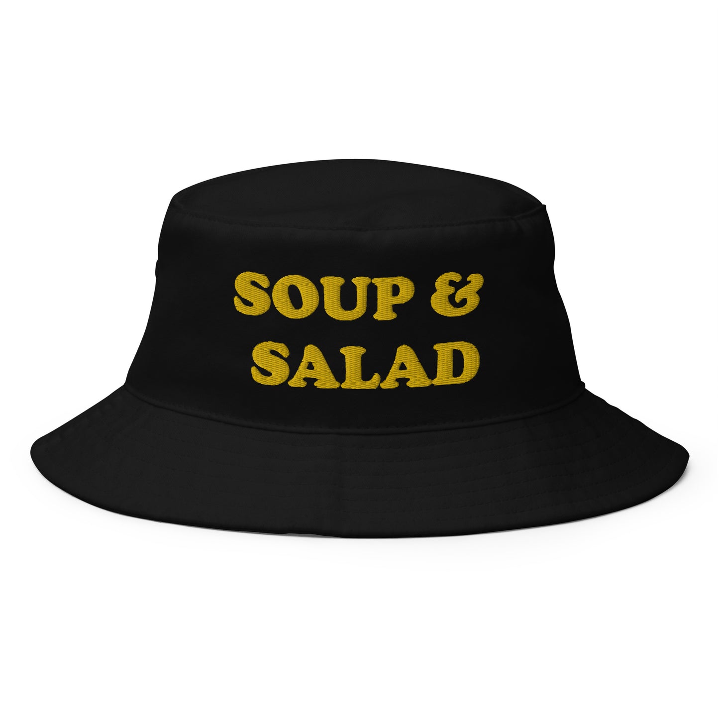 Black soup and salad hat - Make a statement in our Soup & Salad Bucket Hat. It's comfortable and comes in a variety of colors with a a funny foodie design, expertly embroidered across the front. The perfect bucket hat for everything from beach adventures to grocery shopping. Eat your favorite foods in this funny hat or give it as a gift to your favorite soup and salad enthusiast. 