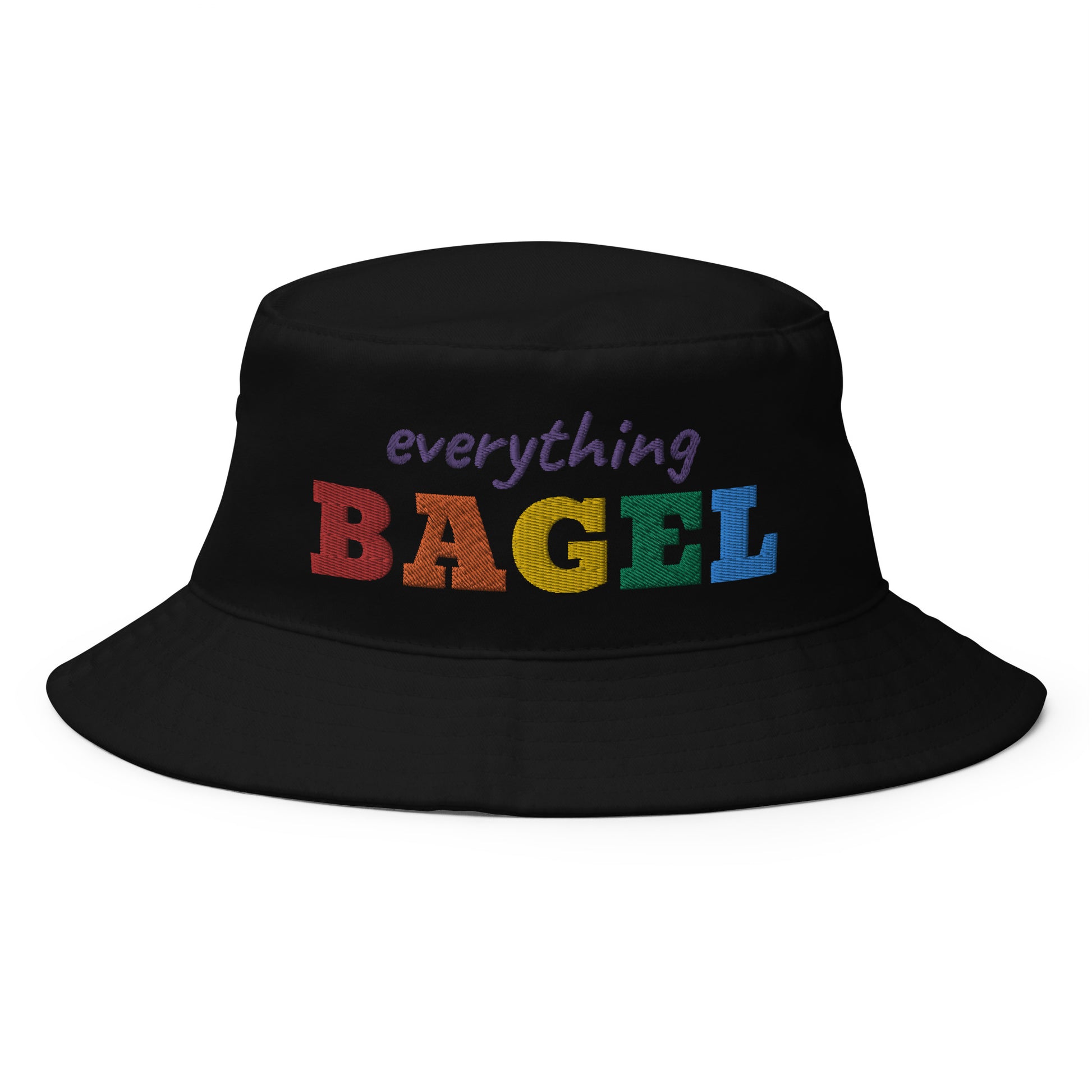 Black Everything Bagel Hat for Pride - Our Everything Bagel Pride Bucket Hat is just what you need for beach adventures, grocery shopping, and everyday streetwear. It's made of comfortable cotton with an embroidered rainbow design. This funny pride hat is sure to have people asking, "Where'd you get that hat?"