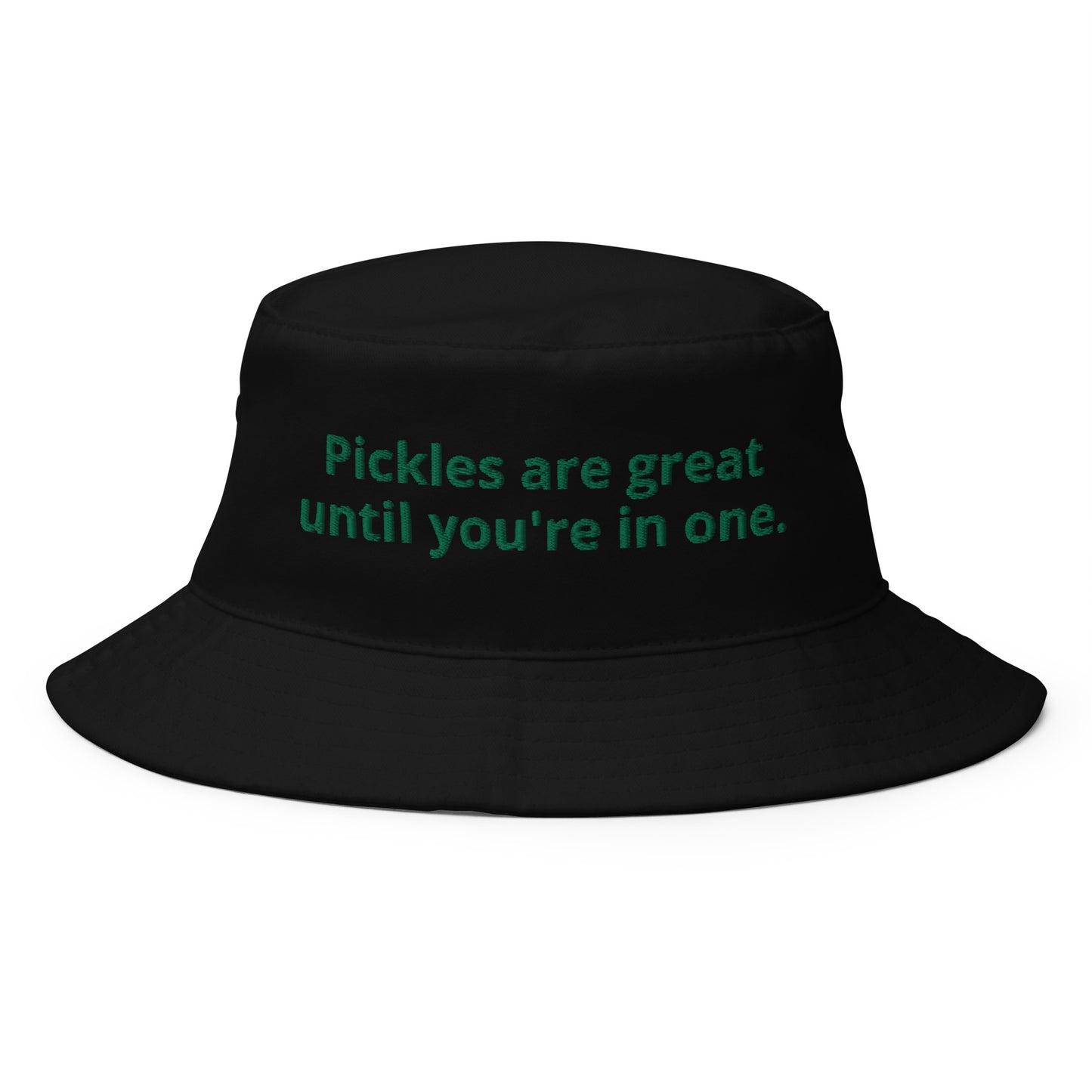 Black Pickles Hat - Our Pickles Are Great Until You're In One Hat is comfortable and perfect for any occasion. It's a classic bucket hat with a funny pickle saying, expertly embroidered on the front. Make a statement and eat your favorite pickles in our funny bucket hat.