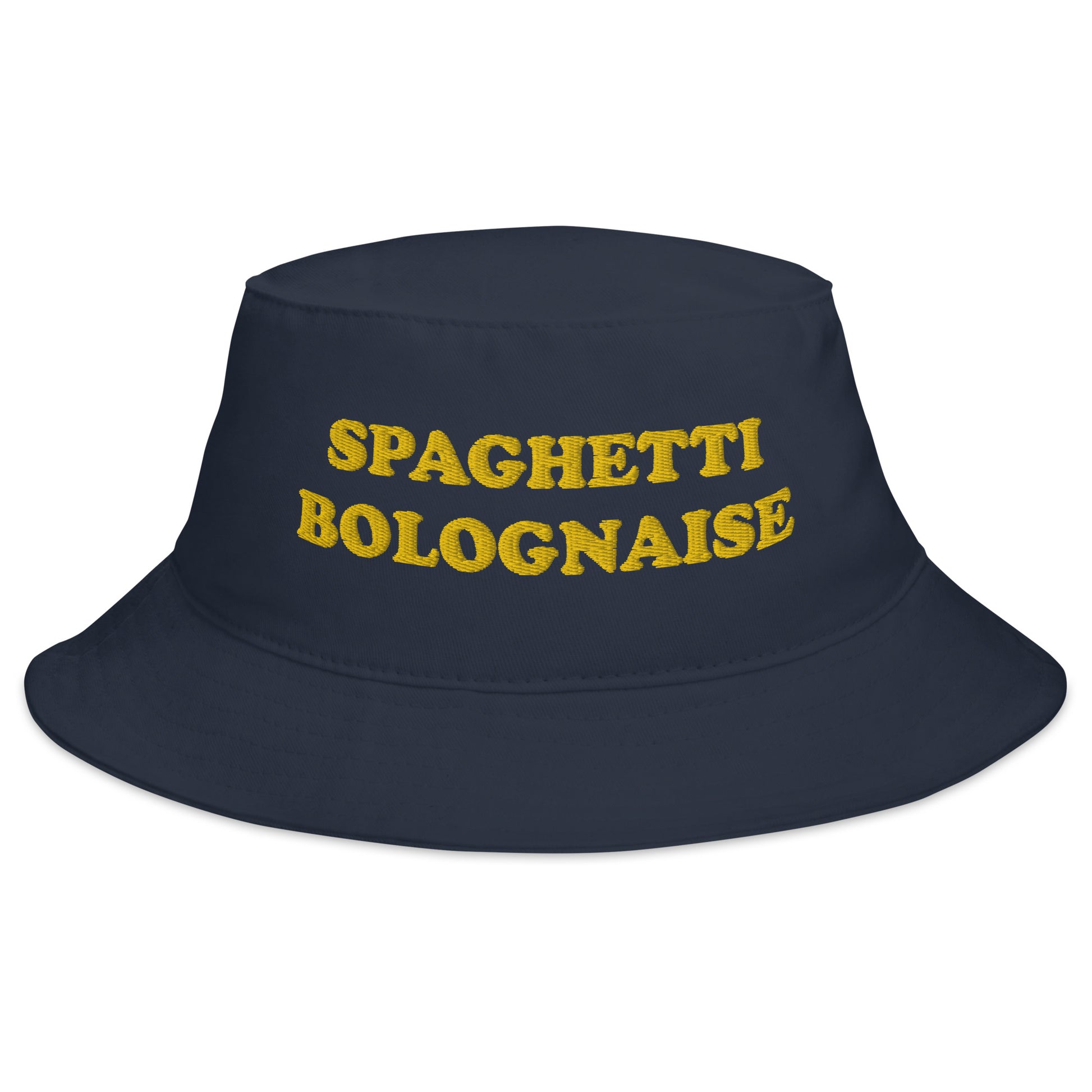 Navy blue pasta lover hat - Make a statement and eat spaghetti in style in this cotton trendy, spaghetti Bolognese bucket hat. It's a unique foodie hat that's eco friendly and embroidered just for you. This funny bucket hat is perfect for everyday adventures, sunny beach days and a weird gift for your favorite spaghetti Bolognese lover.