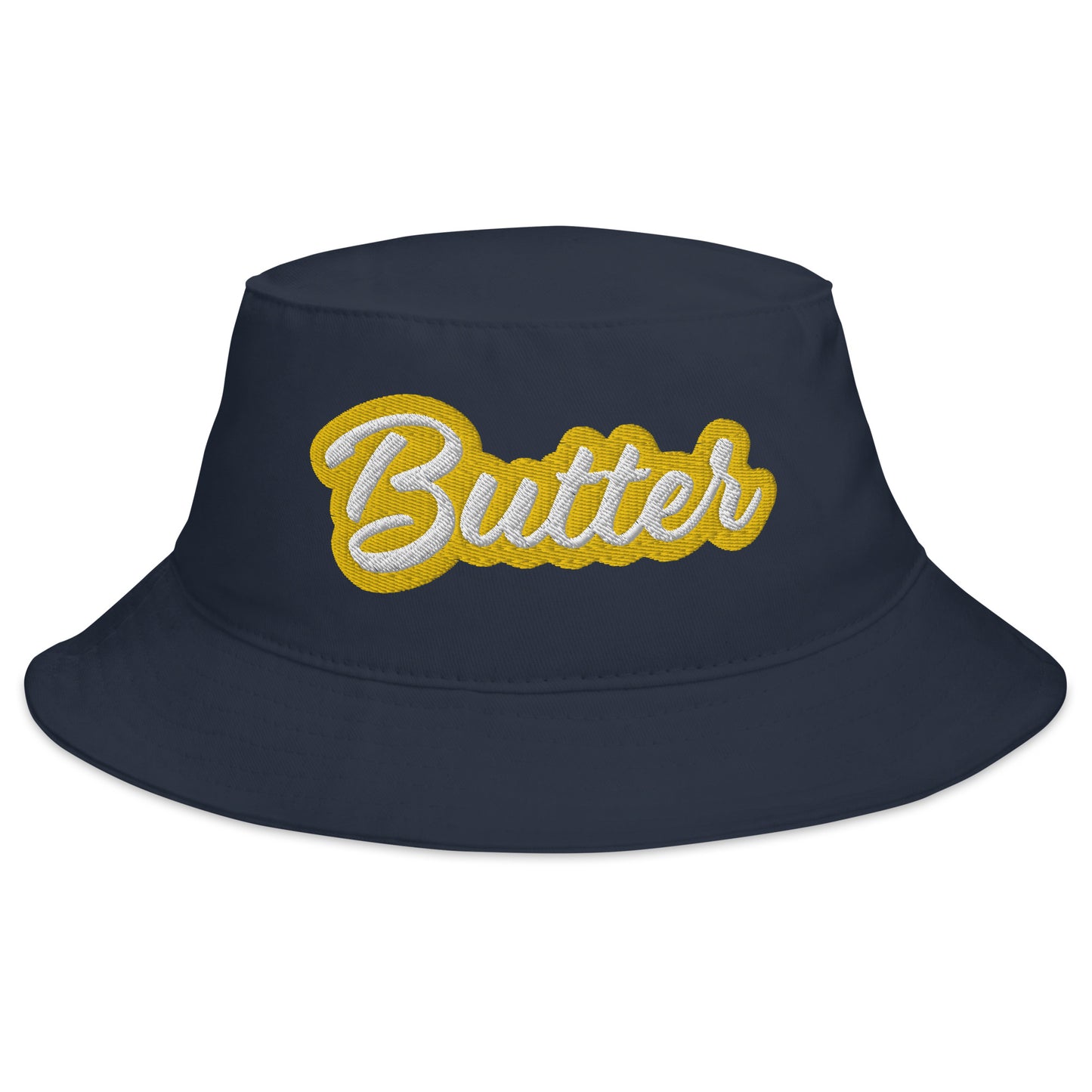 Navy Butter Bucket Hat - Love butter? Looking for a funny summer hat? This Butter Bucket Hat is just what you need! It's comfortable and comes in a variety of colors with "Butter", expertly embroidered across the front. The perfect weird hat for butter enthusiasts and foodies of all kinds. Celebrate your favorite foods in our funky foodie clothing and accessories.