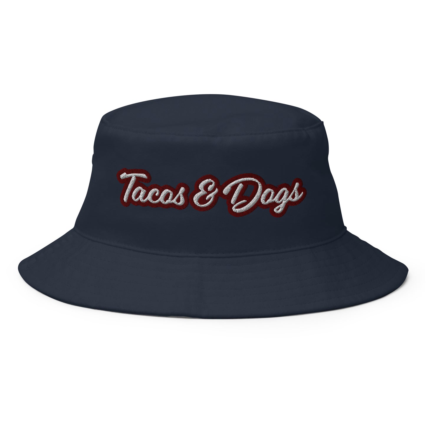 Navy Tacos and Dogs Bucket Hat - Love tacos? Big dog person? This funny bucket Hat is just what you need! Our Tacos & Dogs Bucket Hat is comfortable and comes in a variety of colors with a funny food design, expertly embroidered across the front. The perfect funny hat for dog lovers, taco enthusiasts and foodies of all kinds. Celebrate your favorite foods in our funky foodie clothing and accessories.