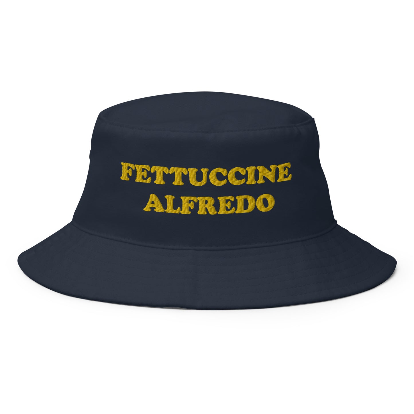 Navy Fettuccine Alfredo Bucket Hat - Love fettuccine? Looking for a funny hat for a pasta enthusiast? This Fettuccine Alfredo Bucket Hat is just what you need! It's comfortable and comes in a variety of colors with a funny foodie design, expertly embroidered across the front. The perfect weird hat for foodies of all kinds. Celebrate your favorite foods in our funky foodie clothing and accessories.