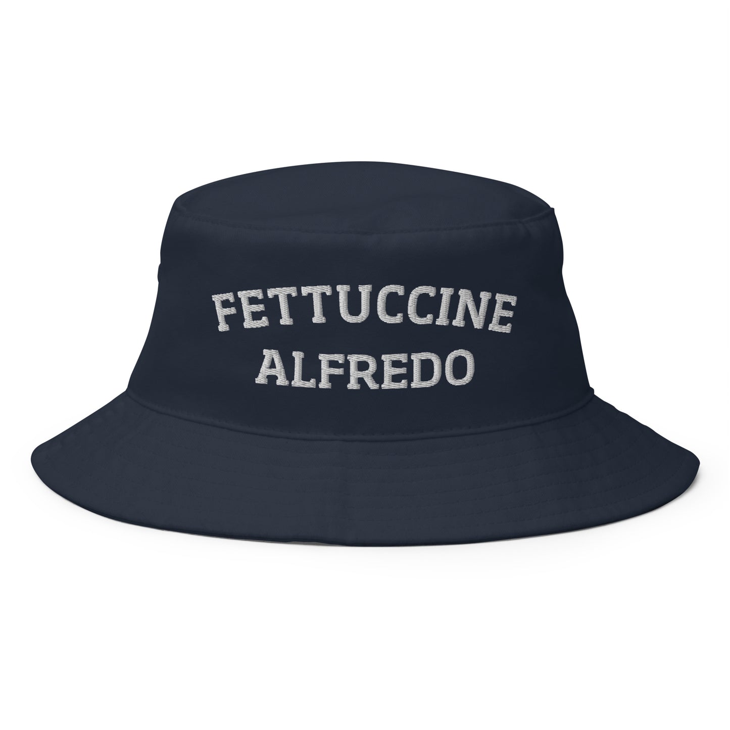 Navy Fettuccine Alfredo Hat - Are you a Fettuccine Alfredo enthusiast? Looking for a funny foodie hat? This Fettuccine Alfredo Bucket Hat is just what you need! It's comfortable and comes in a variety of colors with a pasta lover design, expertly embroidered across the front. The perfect bucket hat for fettuccine lovers and foodies of all kinds. 