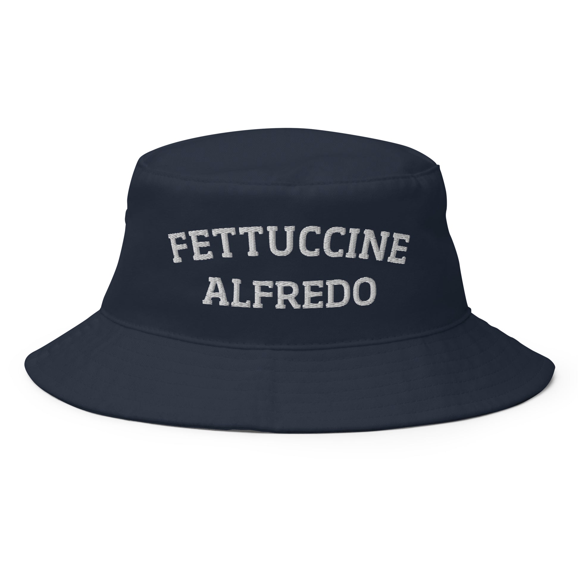 Navy Fettuccine Alfredo Hat - Are you a Fettuccine Alfredo enthusiast? Looking for a funny foodie hat? This Fettuccine Alfredo Bucket Hat is just what you need! It's comfortable and comes in a variety of colors with a pasta lover design, expertly embroidered across the front. The perfect bucket hat for fettuccine lovers and foodies of all kinds. 