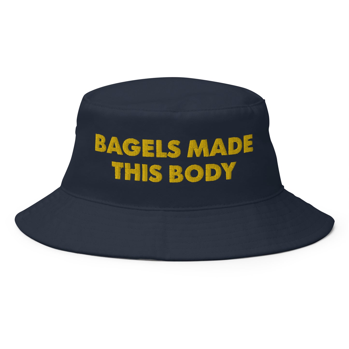 Navy Bagel Hat - The perfect bagel bucket hat for bagel enthusiasts and foodies of all kinds! Eat your favorite bagels and turn heads in this funny bagel hat. It's a classic cotton bucket hat with a funny food saying, expertly embroidered on the front. Celebrate your favorite foods in our funky foodie clothing and accessories.