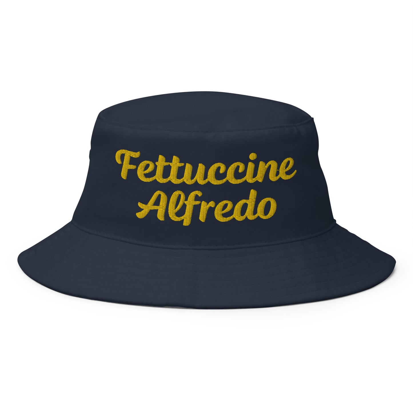 Navy Fettuccine Alfredo Bucket Hat - Eat your favorite pasta in this funny bucket hat! Our Fettuccine Alfredo Bucket Hat is made of 100% cotton and made just for you. This hat has a funny food design, expertly embroidered on the front and makes a great gift for Fettuccine Alfredo lovers and a unique everyday hat pasta enthusiasts of all kinds. Celebrate your favorite foods in our funky foodie clothing and accessories.