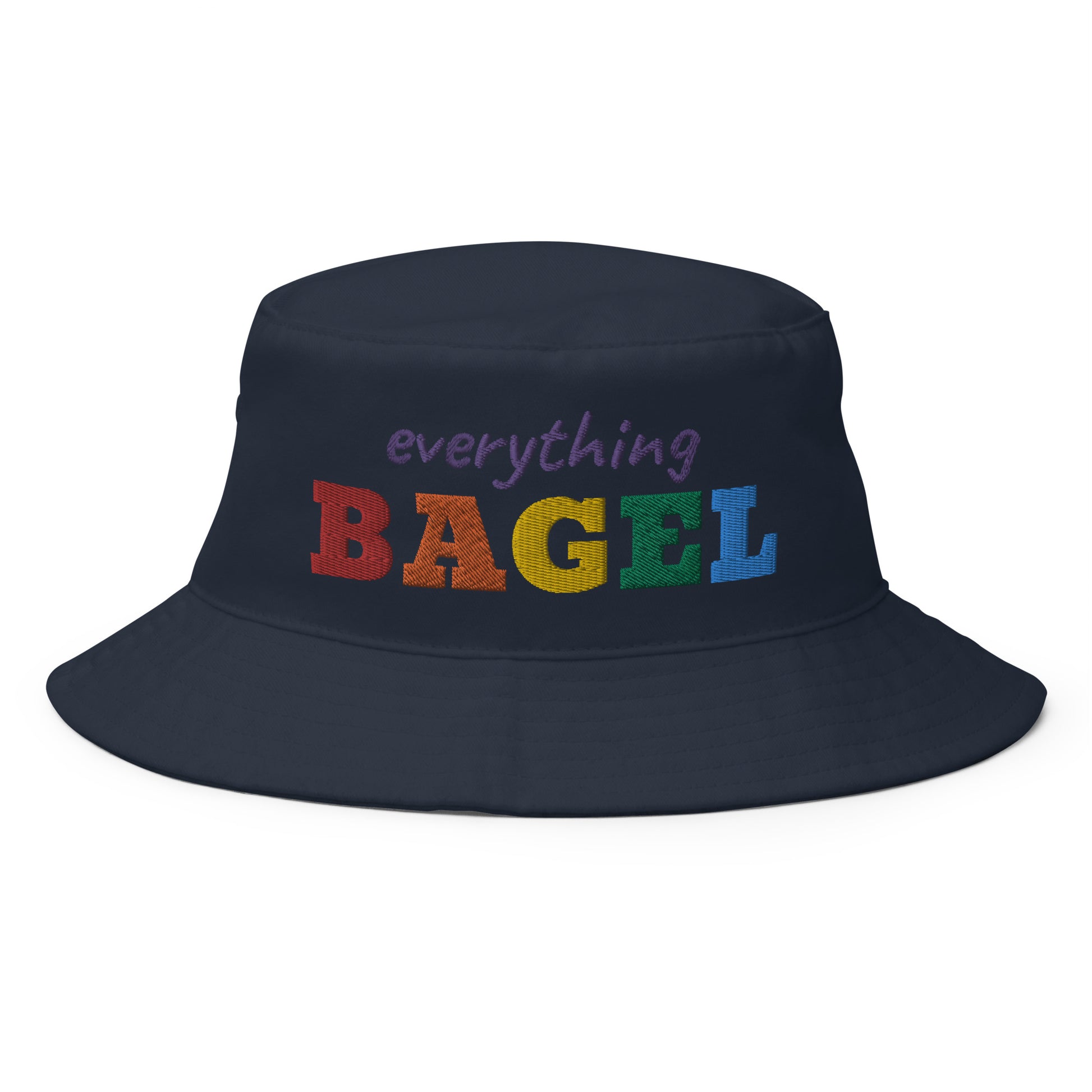 Navy Everything Bagel Hat for Pride - Our Everything Bagel Pride Bucket Hat is just what you need for beach adventures, grocery shopping, and everyday streetwear. It's made of comfortable cotton with an embroidered rainbow design. This funny pride hat is sure to have people asking, "Where'd you get that hat?"