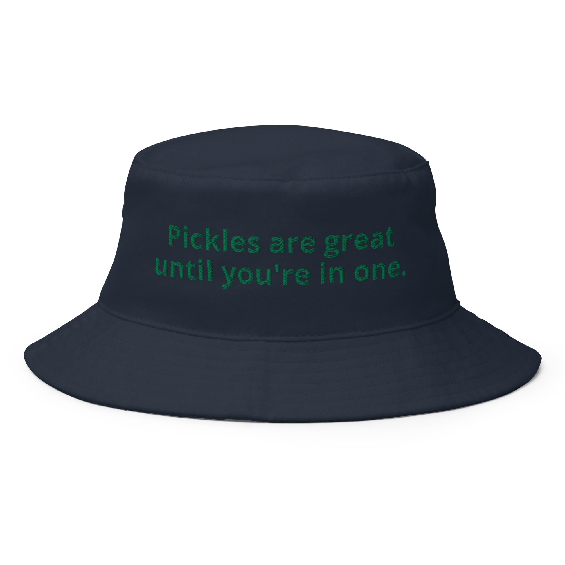 Navy Pickles Hat - Our Pickles Are Great Until You're In One Hat is comfortable and perfect for any occasion. It's a classic bucket hat with a funny pickle saying, expertly embroidered on the front. Make a statement and eat your favorite pickles in our funny bucket hat.