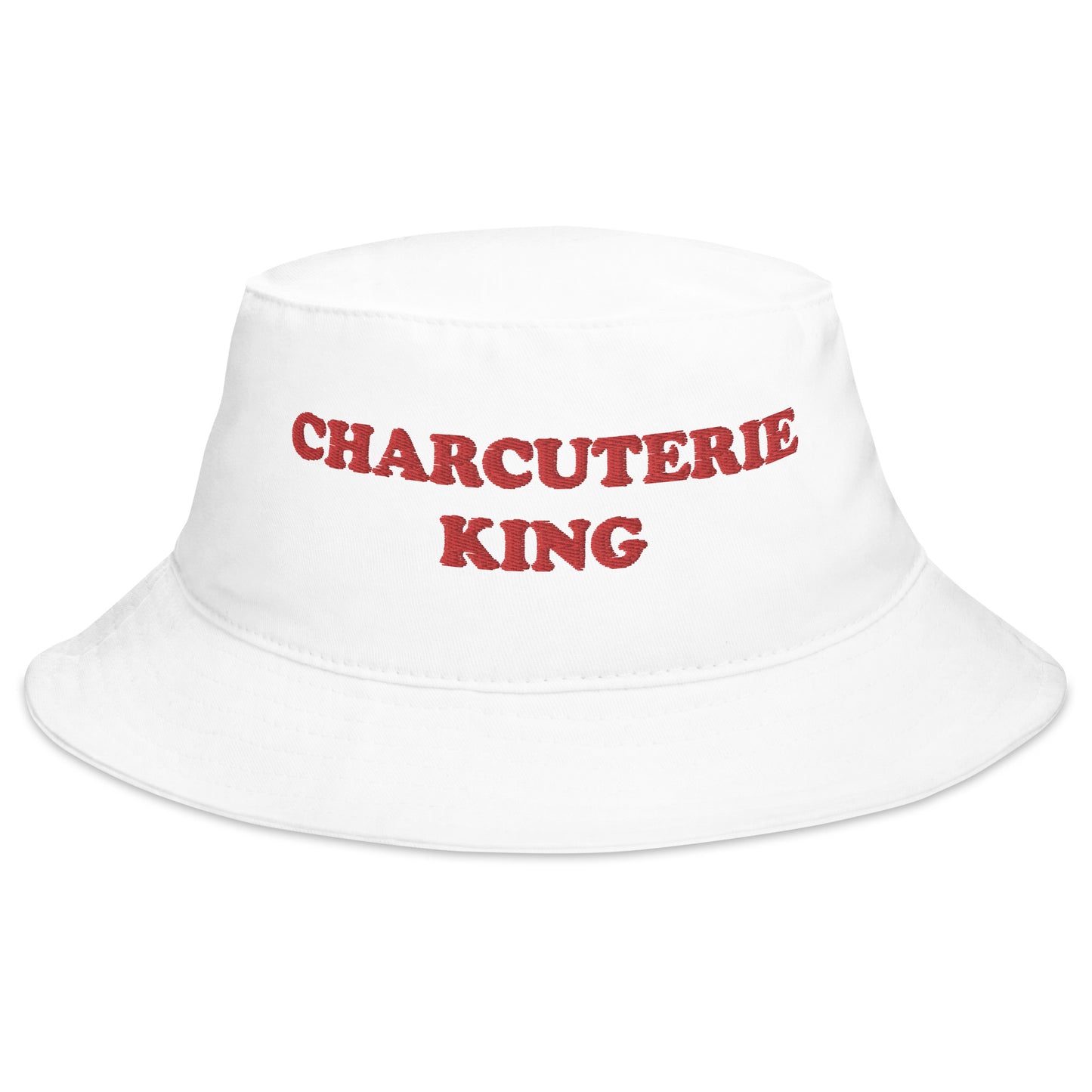 White Charcuterie King Bucket Hat - Love charcuterie? Looking for a funny foodie hat? This Charcuterie King Bucket Hat is just what you need! It's comfortable and comes in a variety of colors with "Charcuterie King", expertly embroidered across the front. The perfect weird hat for charcuterie enthusiasts and foodies of all kinds. Celebrate your favorite foods in our funky foodie clothing and accessories.