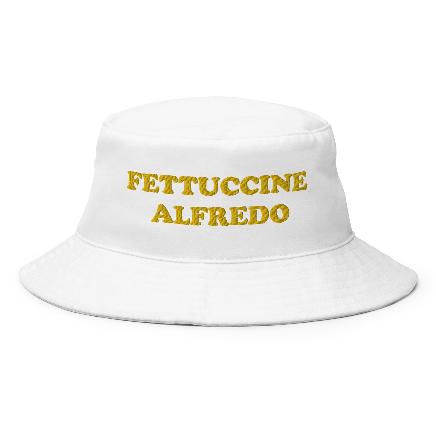 White Fettuccine Alfredo Bucket Hat - Love fettuccine? Looking for a funny hat for a pasta enthusiast? This Fettuccine Alfredo Bucket Hat is just what you need! It's comfortable and comes in a variety of colors with a funny foodie design, expertly embroidered across the front. The perfect weird hat for foodies of all kinds. Celebrate your favorite foods in our funky foodie clothing and accessories.