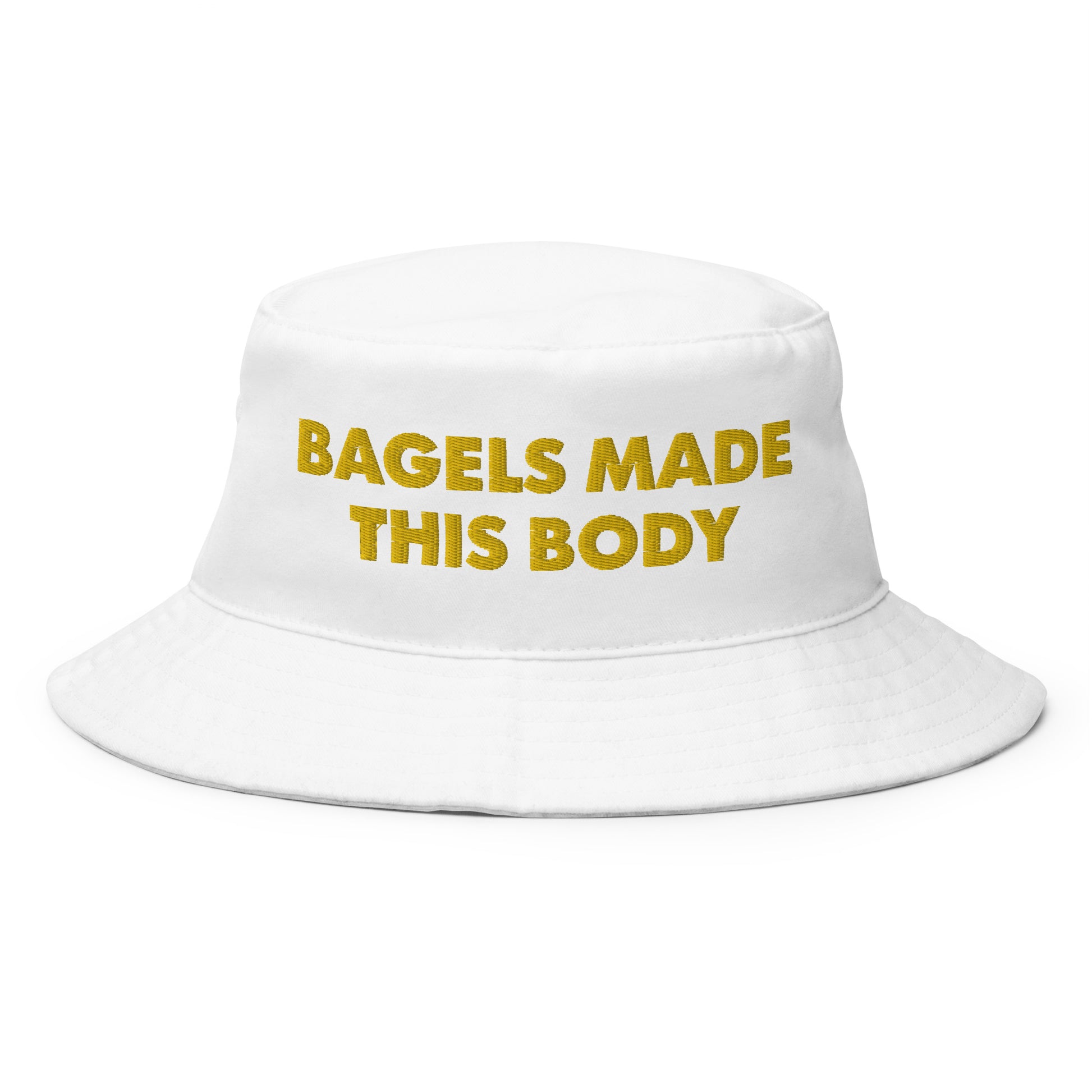 White Bagel Hat - The perfect bagel bucket hat for bagel enthusiasts and foodies of all kinds! Eat your favorite bagels and turn heads in this funny bagel hat. It's a classic cotton bucket hat with a funny food saying, expertly embroidered on the front. Celebrate your favorite foods in our funky foodie clothing and accessories.