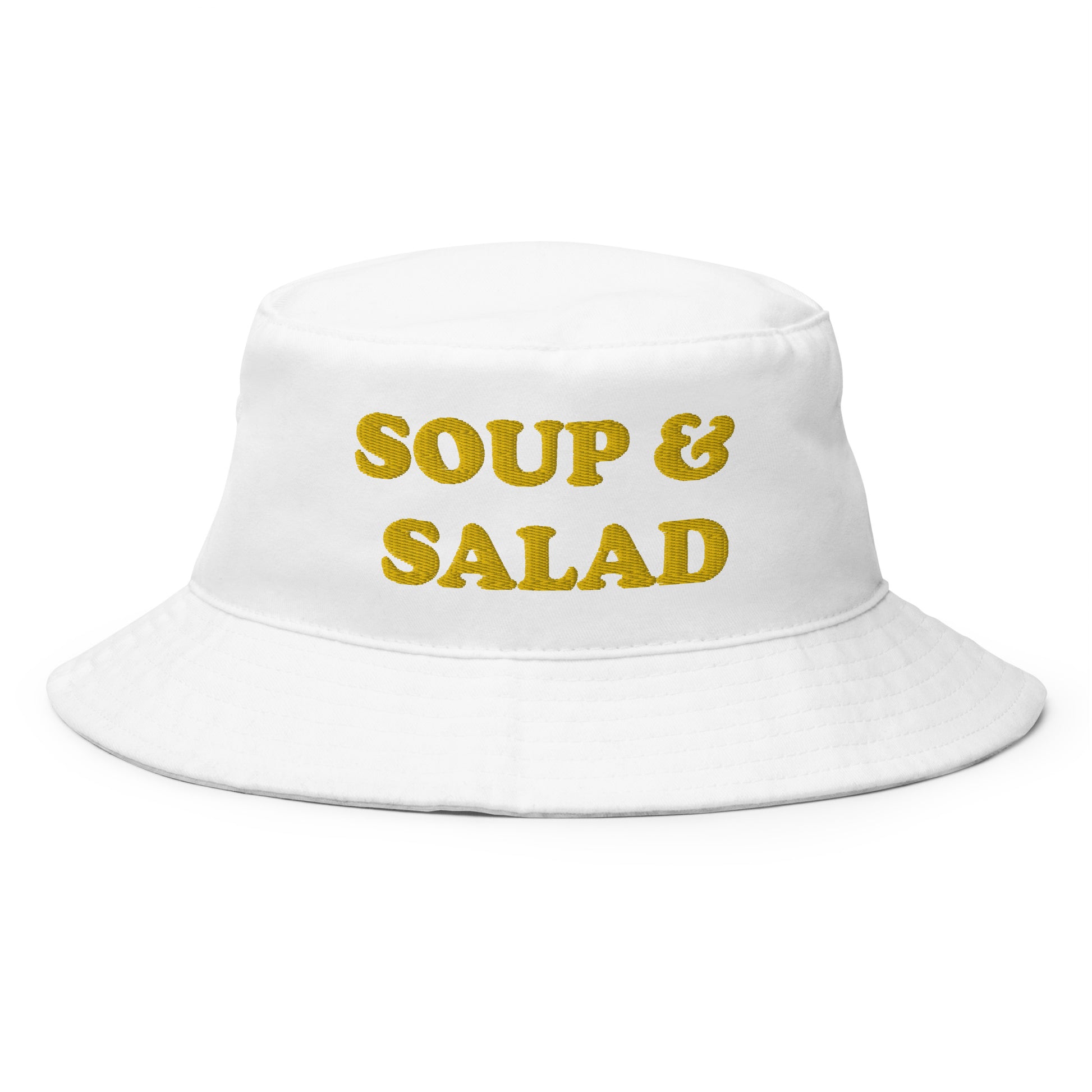 White soup and salad hat - Make a statement in our Soup & Salad Bucket Hat. It's comfortable and comes in a variety of colors with a a funny foodie design, expertly embroidered across the front. The perfect bucket hat for everything from beach adventures to grocery shopping. Eat your favorite foods in this funny hat or give it as a gift to your favorite soup and salad enthusiast. 