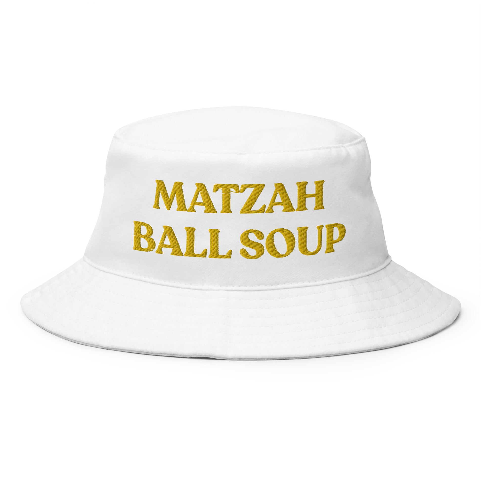 White Matzah Ball Soup Bucket Hat - Love matzah ball soup? Our Matzah Ball Soup Hat is comfortable, made of 100% cotton and perfect for everyday streetwear. This funny Jewish food hat makes a great gift for a matzah ball enthusiast and foodies of all kinds. Celebrate your favorite foods in our funky foodie clothing and accessories.